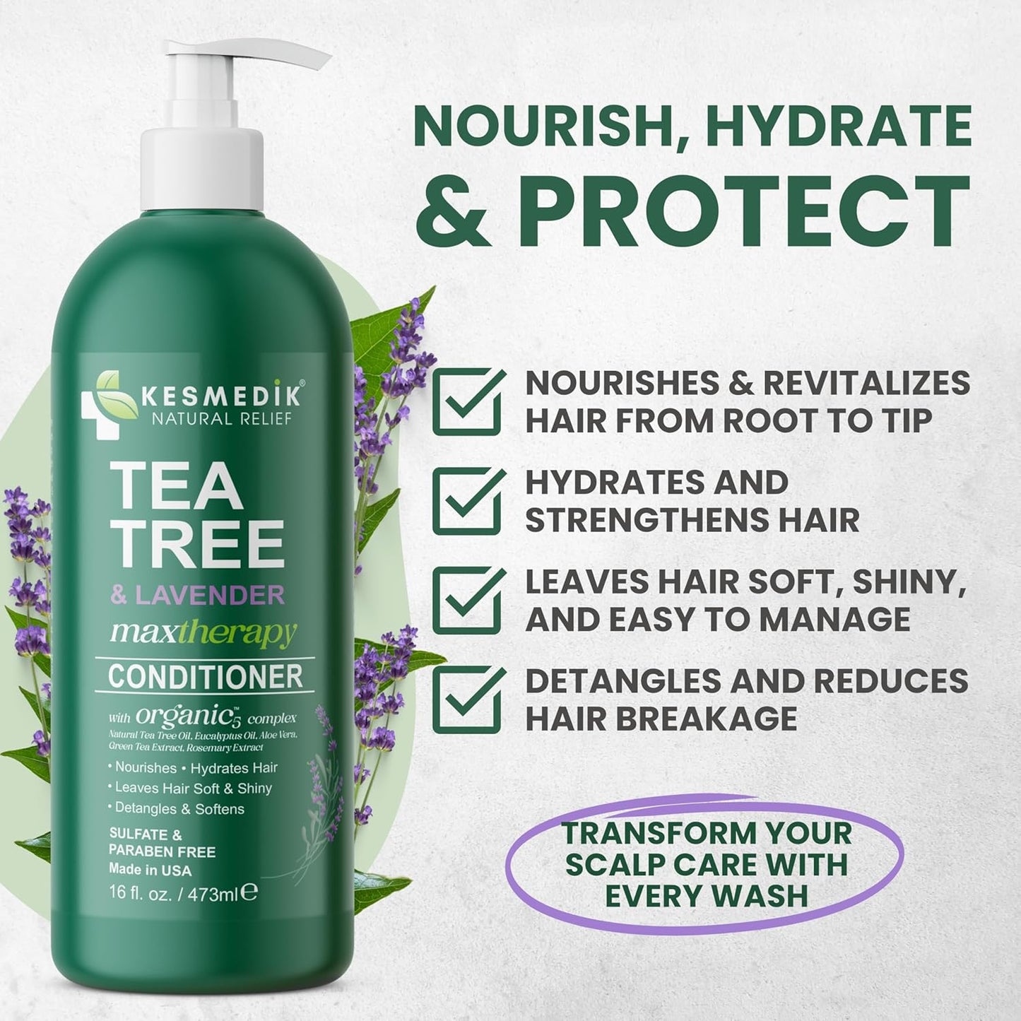 Tea Tree Lavender Mint Conditioner - Moisturizing Formula for Coarse & Dry Hair | Hydrates, Soothes Itchy Scalp, 16 fl oz