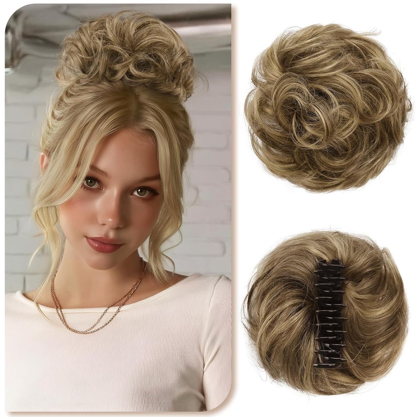 Human Hair Bun Clip | 100% Real Wavy Curly Chignon Hair Piece - Light Brown & Blonde Mix