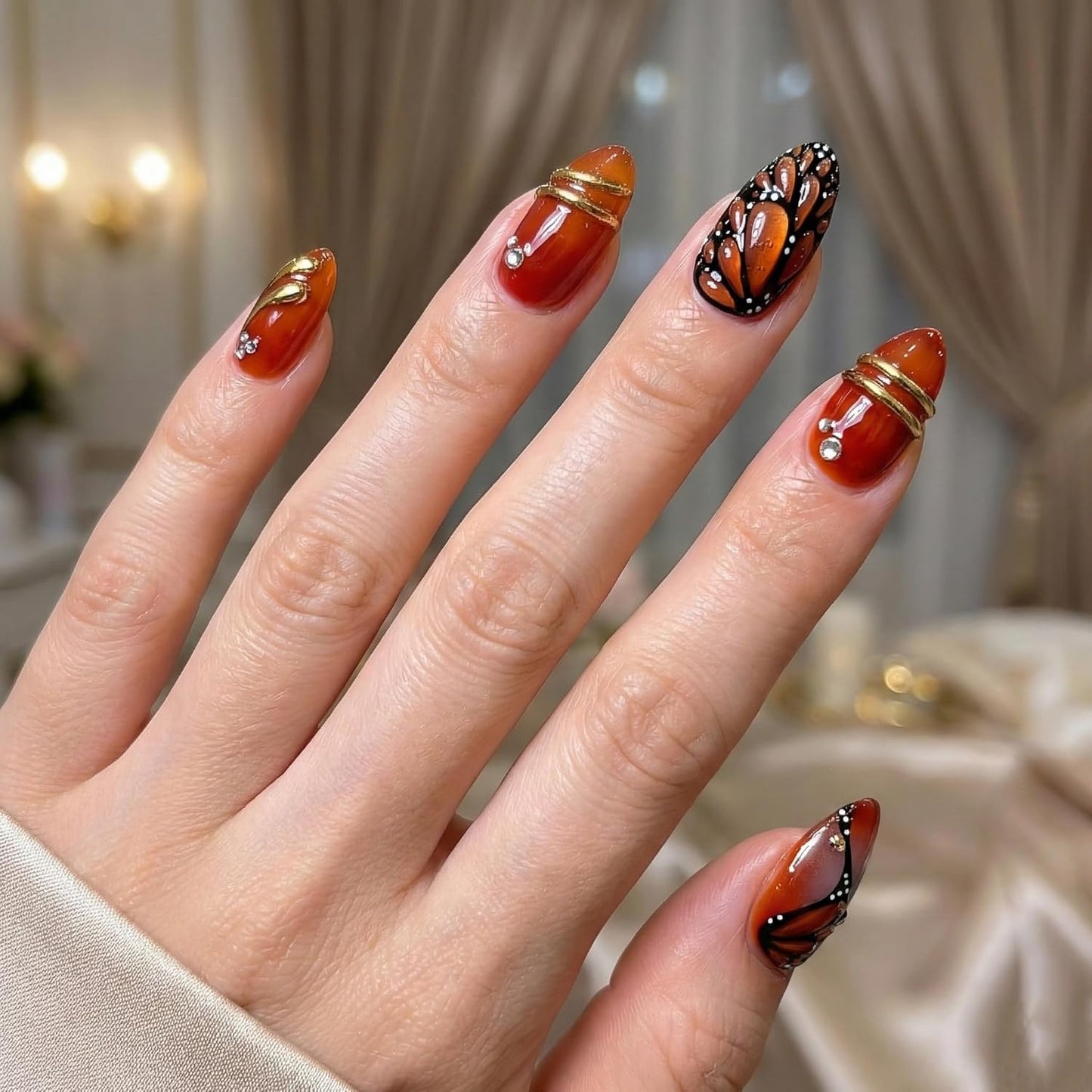 Almond Press-On Nails - Ombre French Tip with Butterfly Designs | 24 Pcs Set for Women