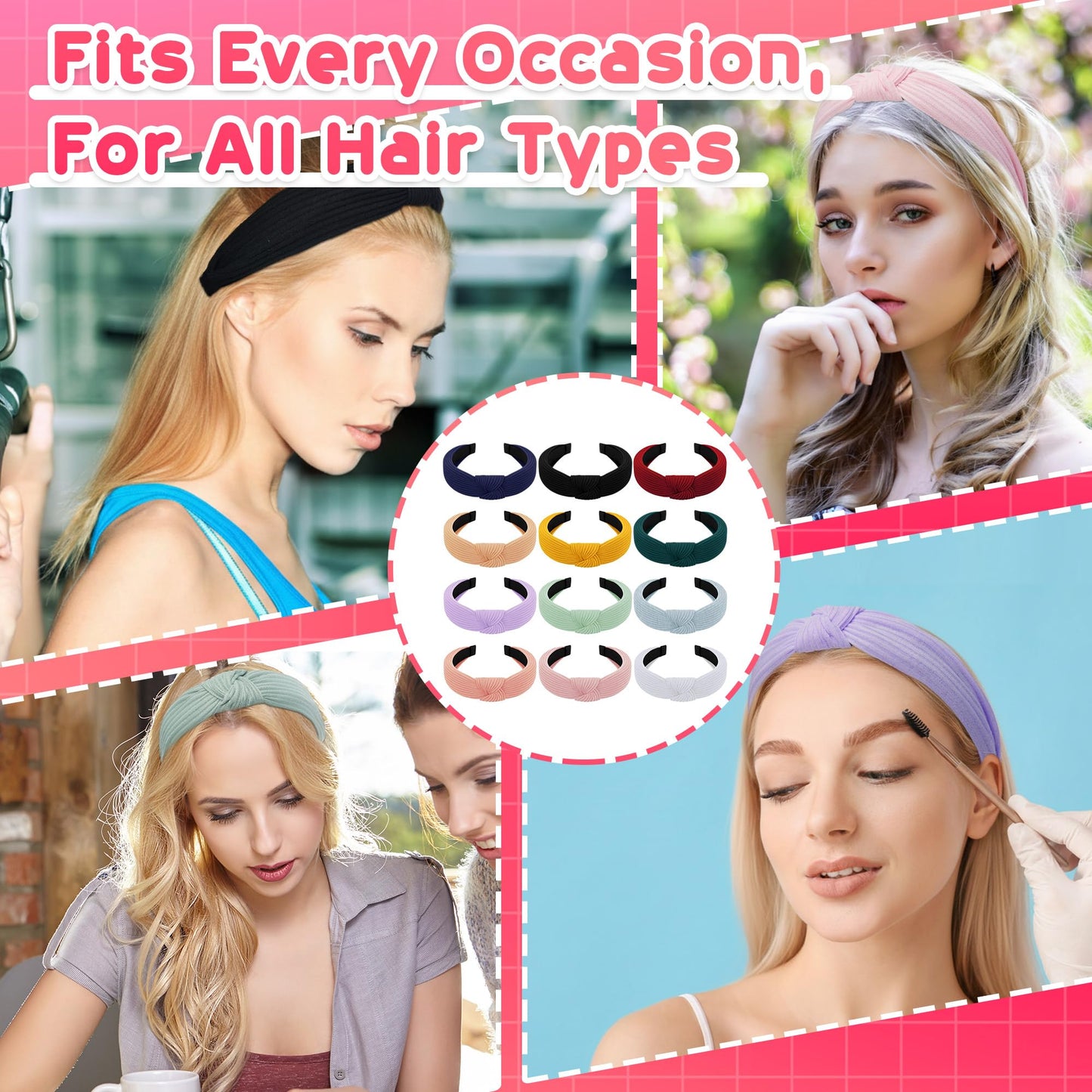 Suncalla 12 Pcs Multicolor Knotted Headbands for Women Girls, Wide Non Slip Thick Turban Headband, Soft Elastic Ribbed Knot Hair Accessories for Curly Hair, Fashion Daily Party Gift