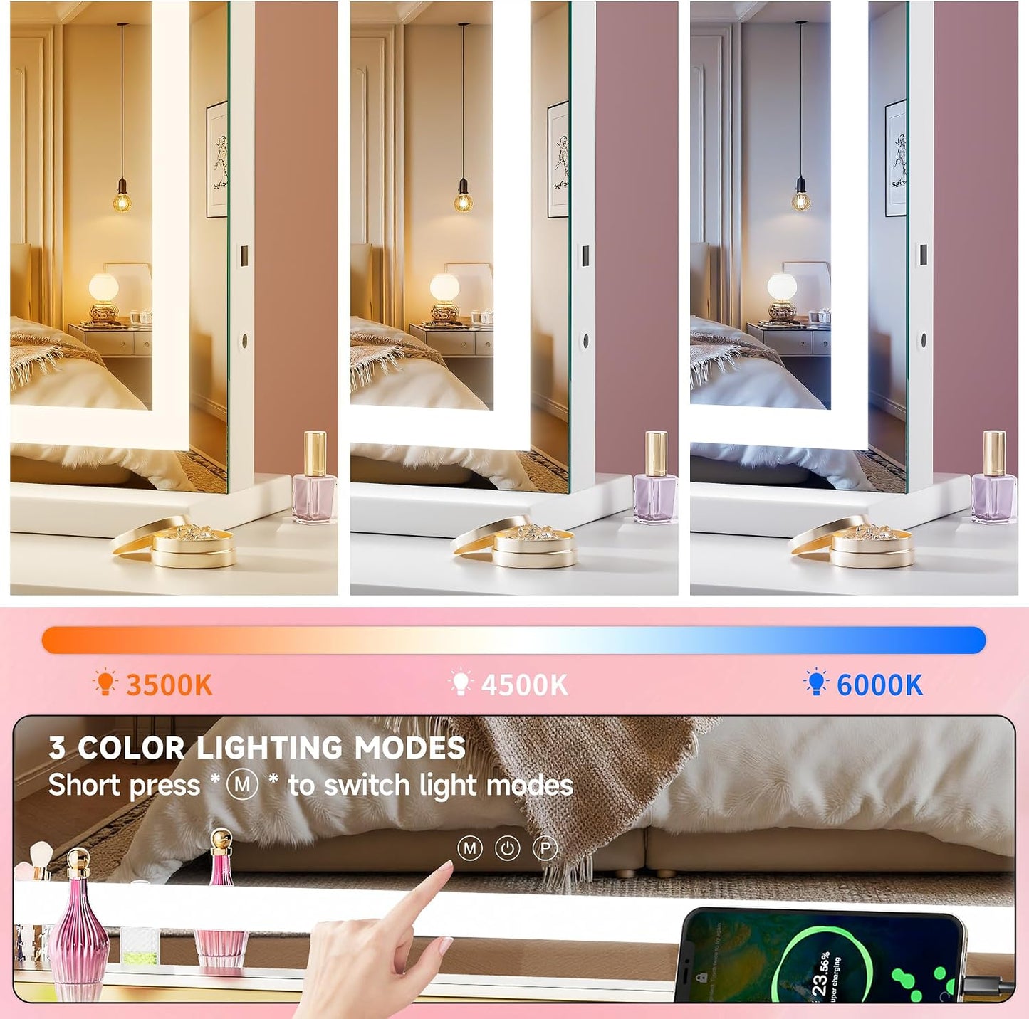 LED Makeup Mirror with Lights - 28" x 20" Dimmable Vanity Mirror | 10X Magnification, Smart Touch, USB Charging