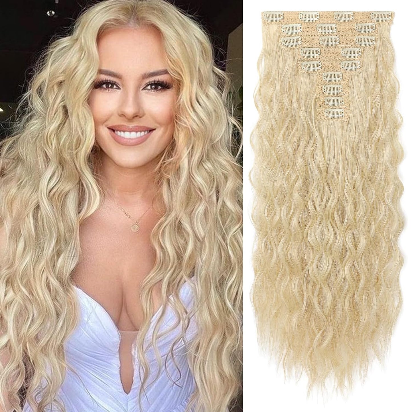 Clip In Hair Extensions - 24" Thick Long Loose Waves | Invisible Lace Weft, Natural Soft Hairpieces - Chocolate Brown with Blonde Highlights