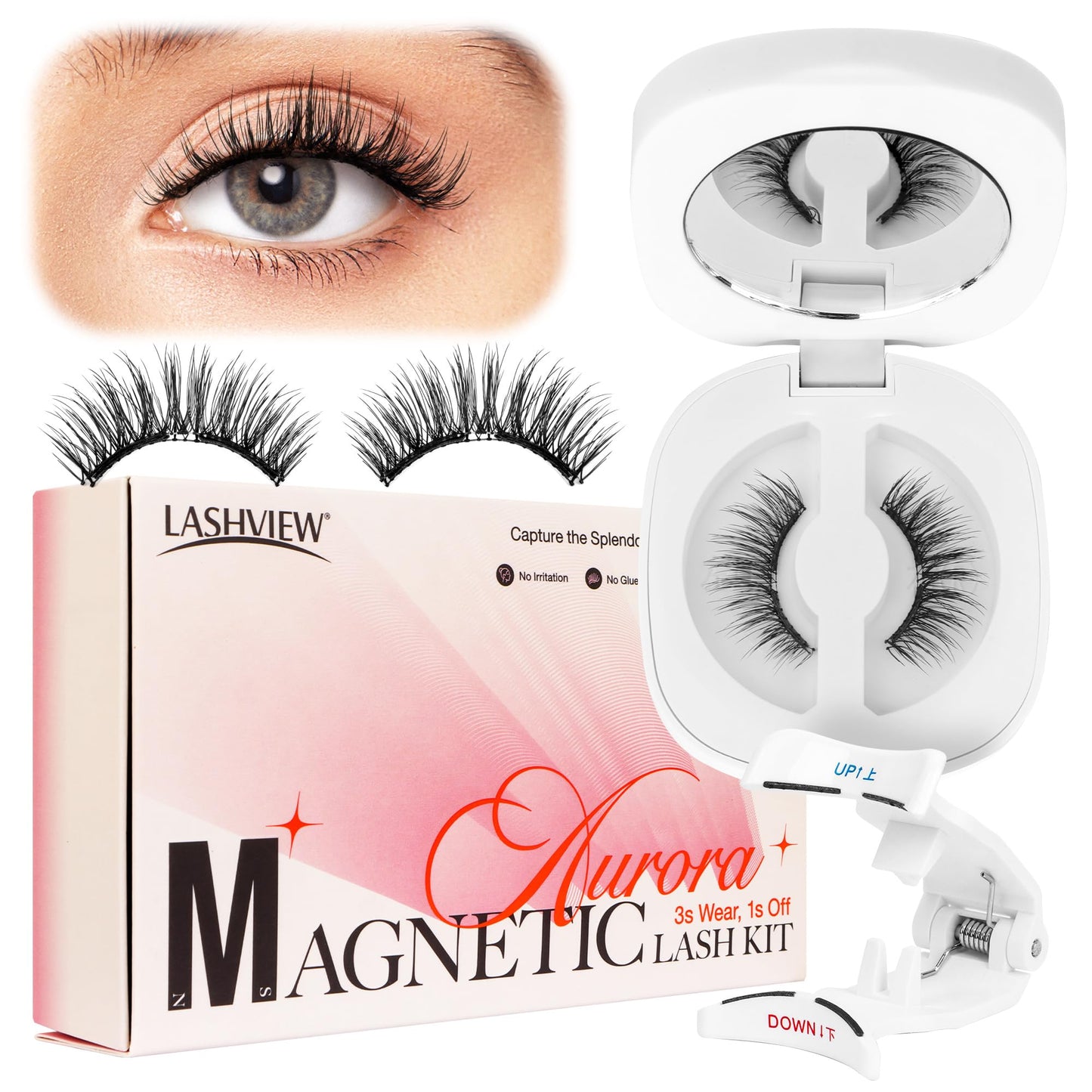 LASHVIEW Upgrade Magnetic Eyelashes with Applicator,Reusable Soft Magnetic Eyelashes Natural Look, No Glue Needed,Easy to Wear and Remove,RC24P（Dark Brown）