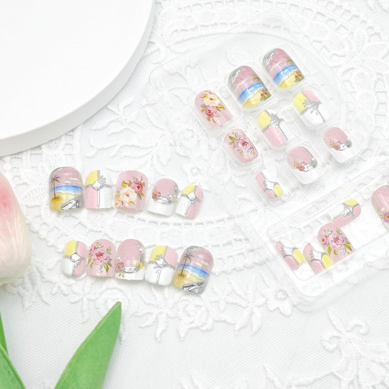 24Pcs Summer Beach Press-On Nails - Short Square White French Tips with Coconut Trees & Rhinestones | Full Cover Glitter Designs