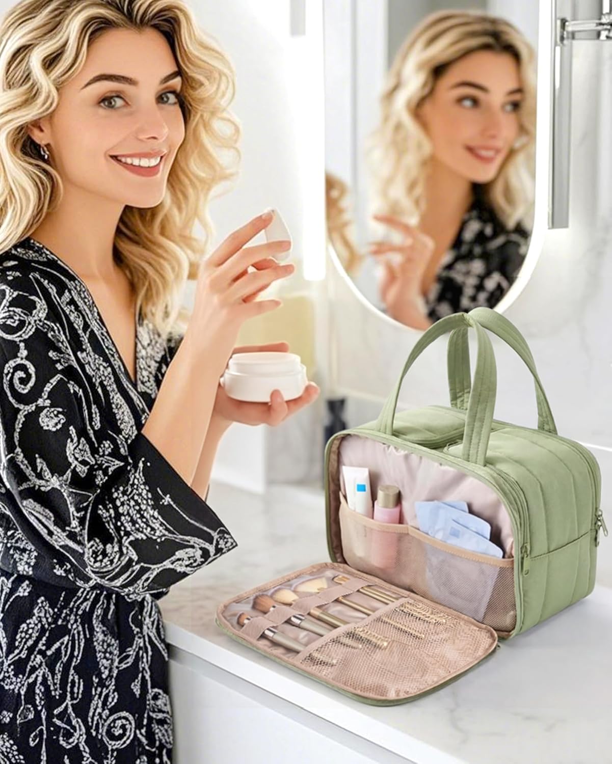 Travel Toiletry Bag - Large Lightweight Makeup Organizer with Handle | Green Color for Women