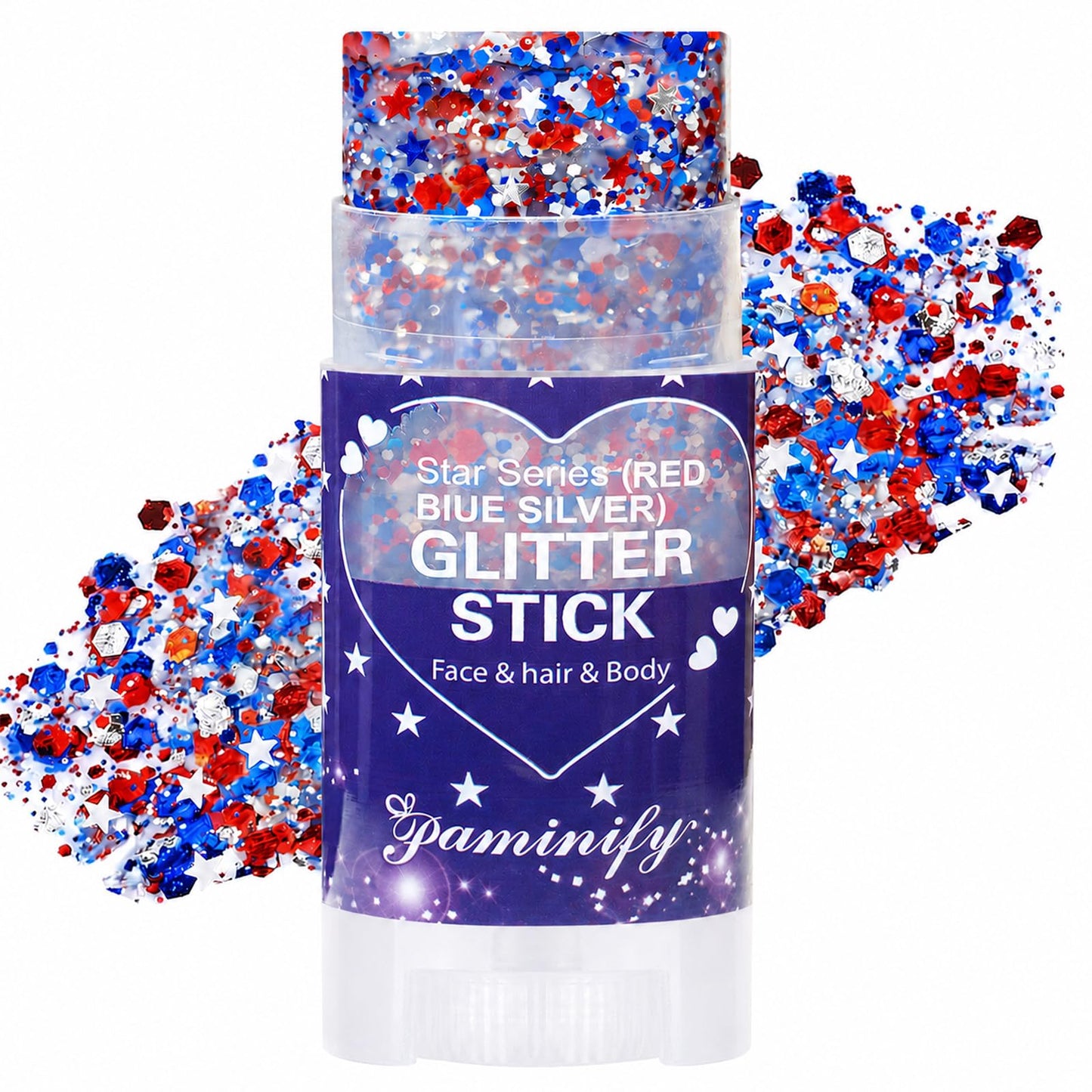 Paminify Red White Blue Hair Glitter Stick,4th of July Patriotic America Flag Star Face Body Glitter,250th Independence Day Outfits for Women, Waterproof Cheer Glitter Makeup for Soccer Game