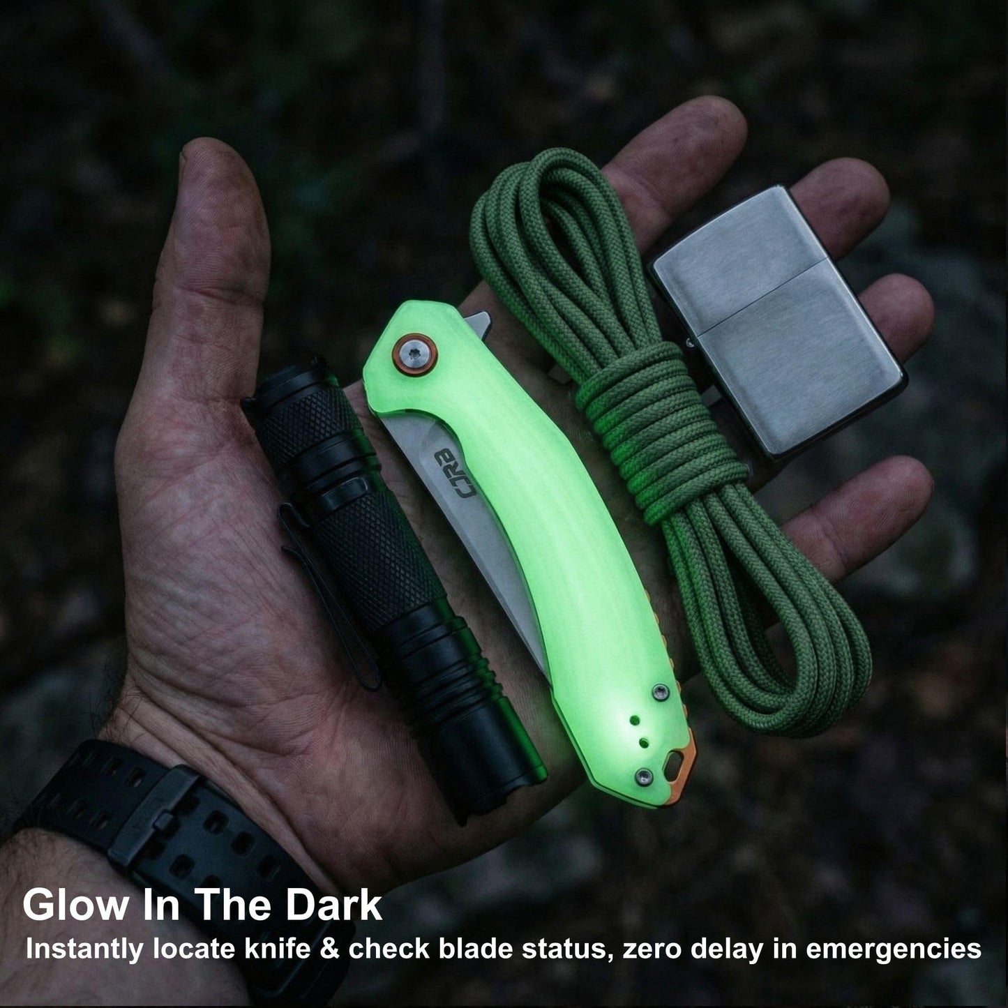 CJRB Gobi G10 Glow in the Dark Handle Folding Pocket Knife, 3.5'' AR-RPM9 Steel Blade Manual EDC Knife with Liner Lock for Outdoor Camping Hiking Fishing(J1906-GD)