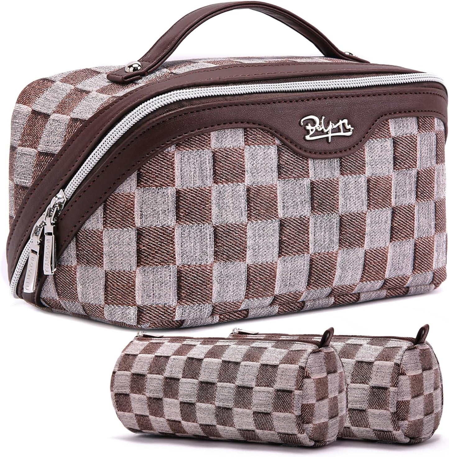 Travel Makeup Bag Set - Large Vegan Leather Cosmetic Organizer with Handle | 3 Pcs Portable Toiletry Bags in Coffee