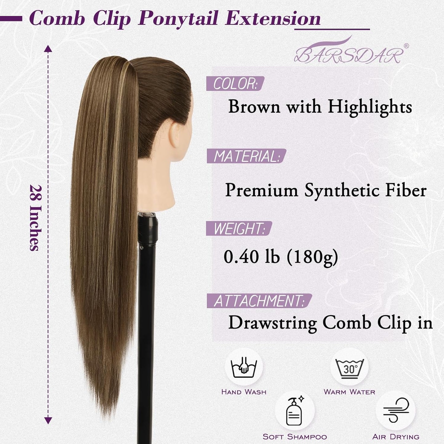 Straight Drawstring Ponytail Extension - 28 Inch Long Natural-Looking Layered Soft Synthetic Hairpiece | Brown with Blonde Highlights