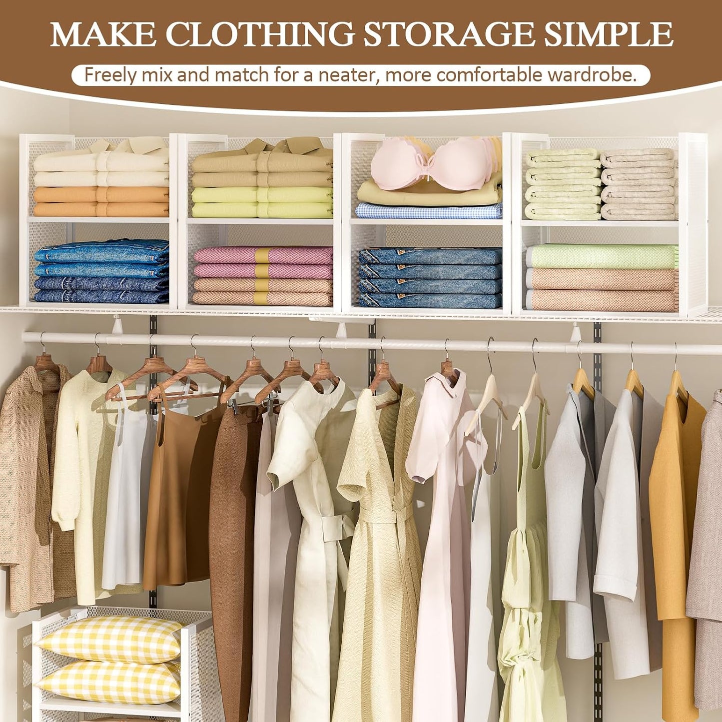 2-Tier Stackable Closet Organizers - Wire Shelf Storage Bins for Clothes | White Multifunctional Cube for Wardrobe & Laundry Room