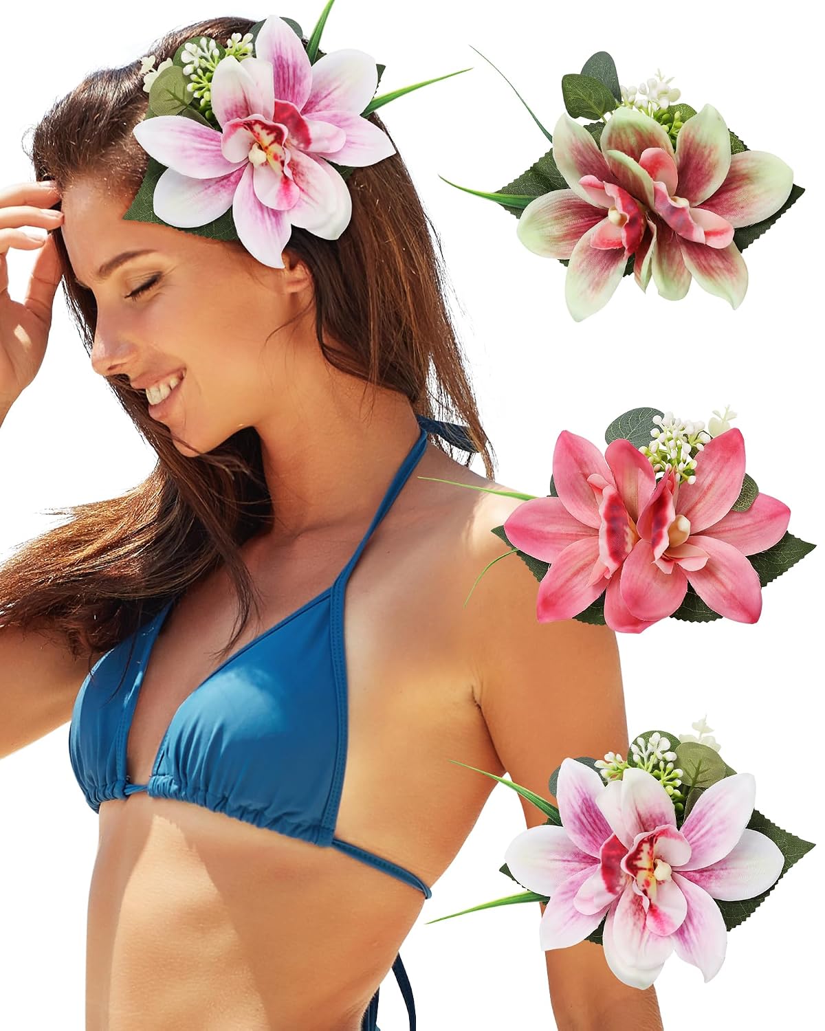 Hawaiian Flower Hair Clips - 3 PCS Artificial Orchid Barrettes for Weddings & Beach Parties | Pink, Rose, Green