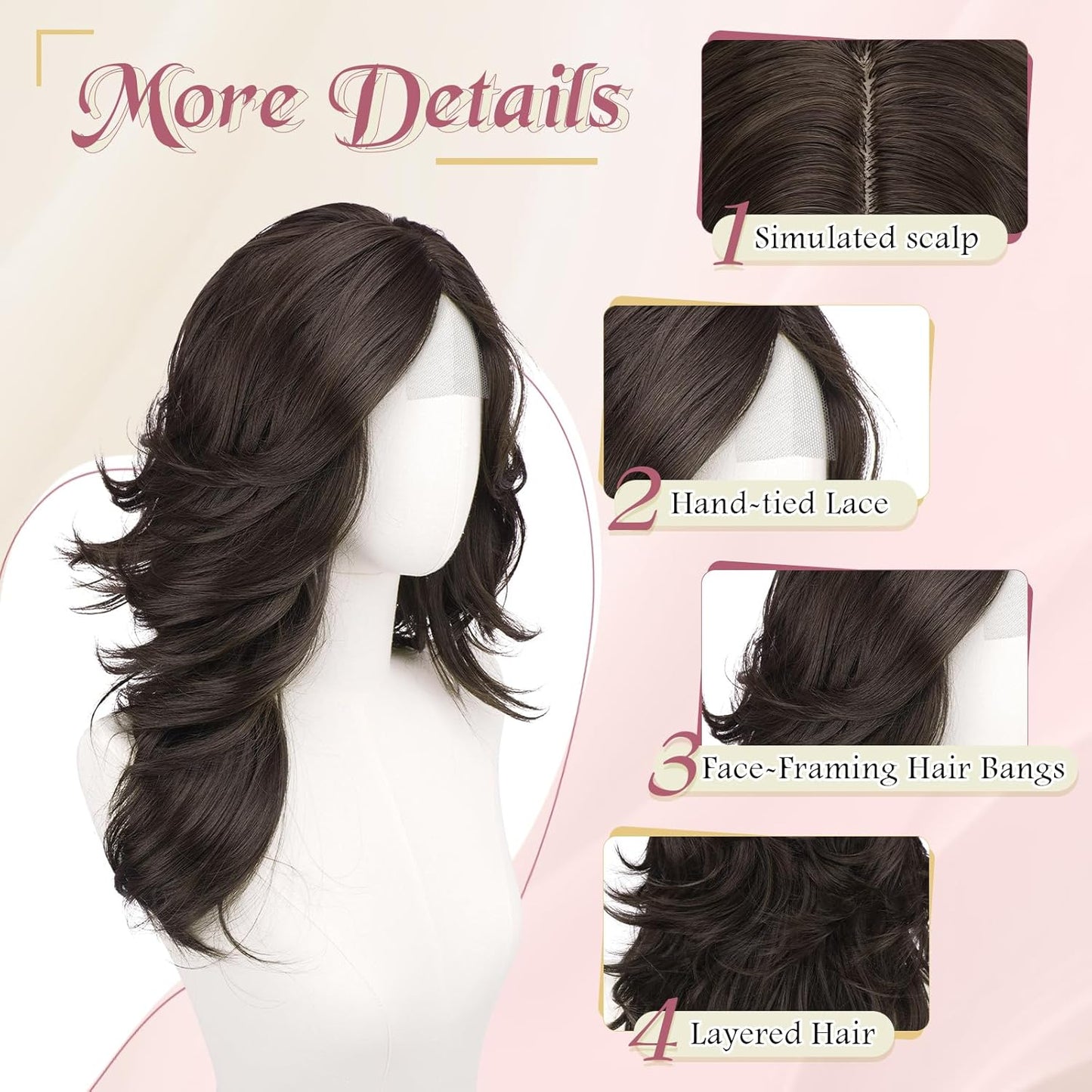 Brown Layered Wigs with Curtain Bangs - 20 Inch Long Wavy Synthetic Hair Wig for Women | Natural Looking Middle Part