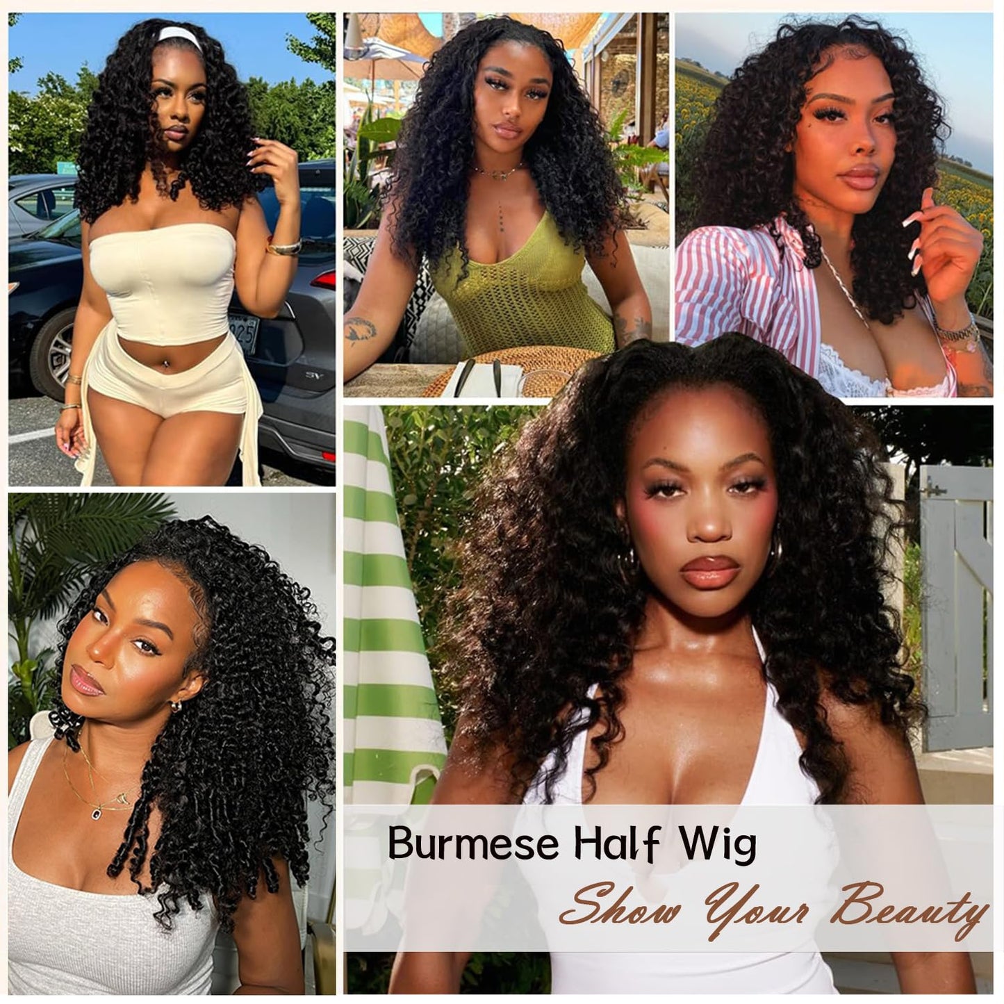 Burmese Curly Half Wig - 220% Density 100% Real Human Hair | Glueless 3-in-1 Headband Wig, 16 Inch