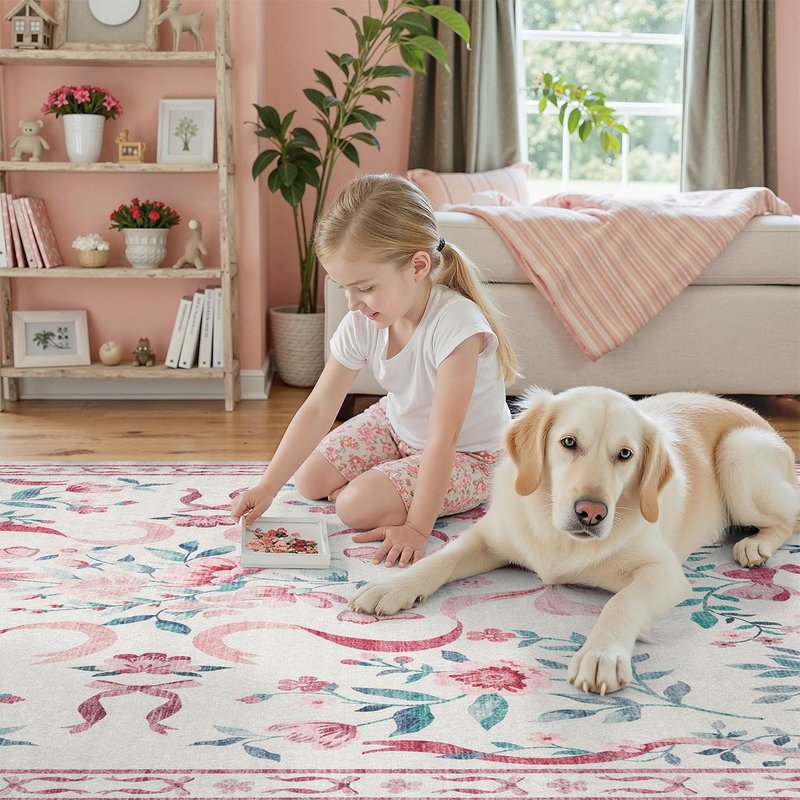 DCX Washable 9x12 Bow Rug, Pink Floral Rug for Girls’ Bedroom, Cute Soft Low Pile Indoor Décor Carpet, Kid & Pet Friendly Nursery Rug for Living Room, Dorm, Playroom