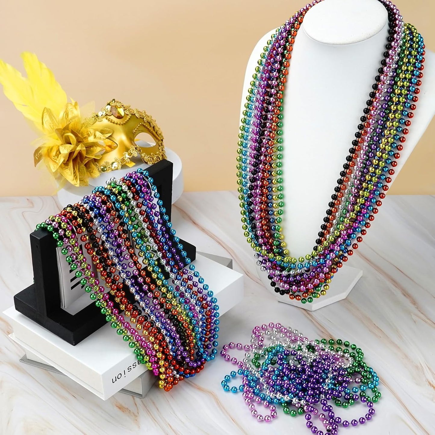 12 PCS Metallic Bead Necklaces - 33'' Round Mardi Gras Jewelry for Festive Events | Christmas & New Year