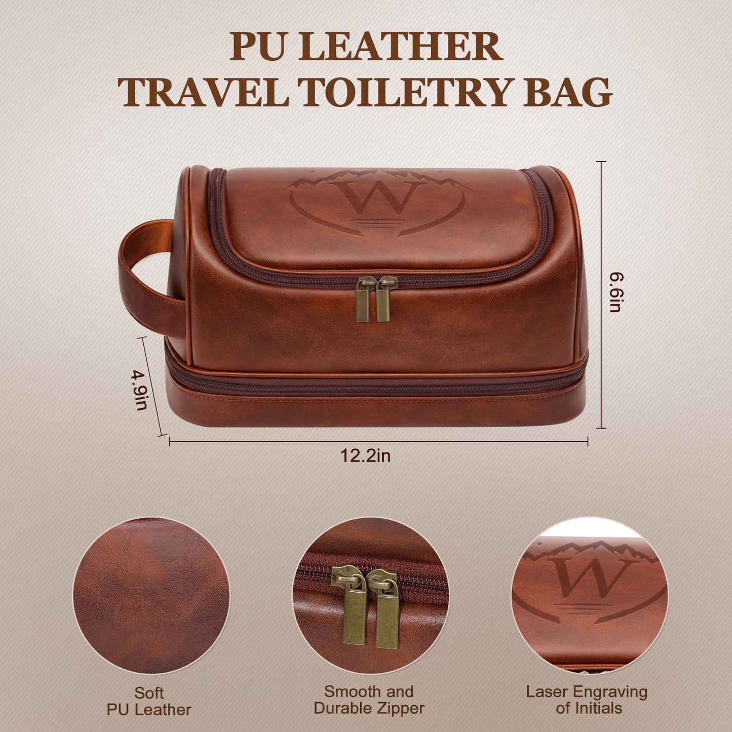 Ecttunafe Customized Gifts Travel Leather Toiletry Bag for Mens, Engraved Name Initial PU Leather Waterproof Large Shaving Bag with Hooks, Unique Birthday Gifts for Him Men Dad Son Brother,W