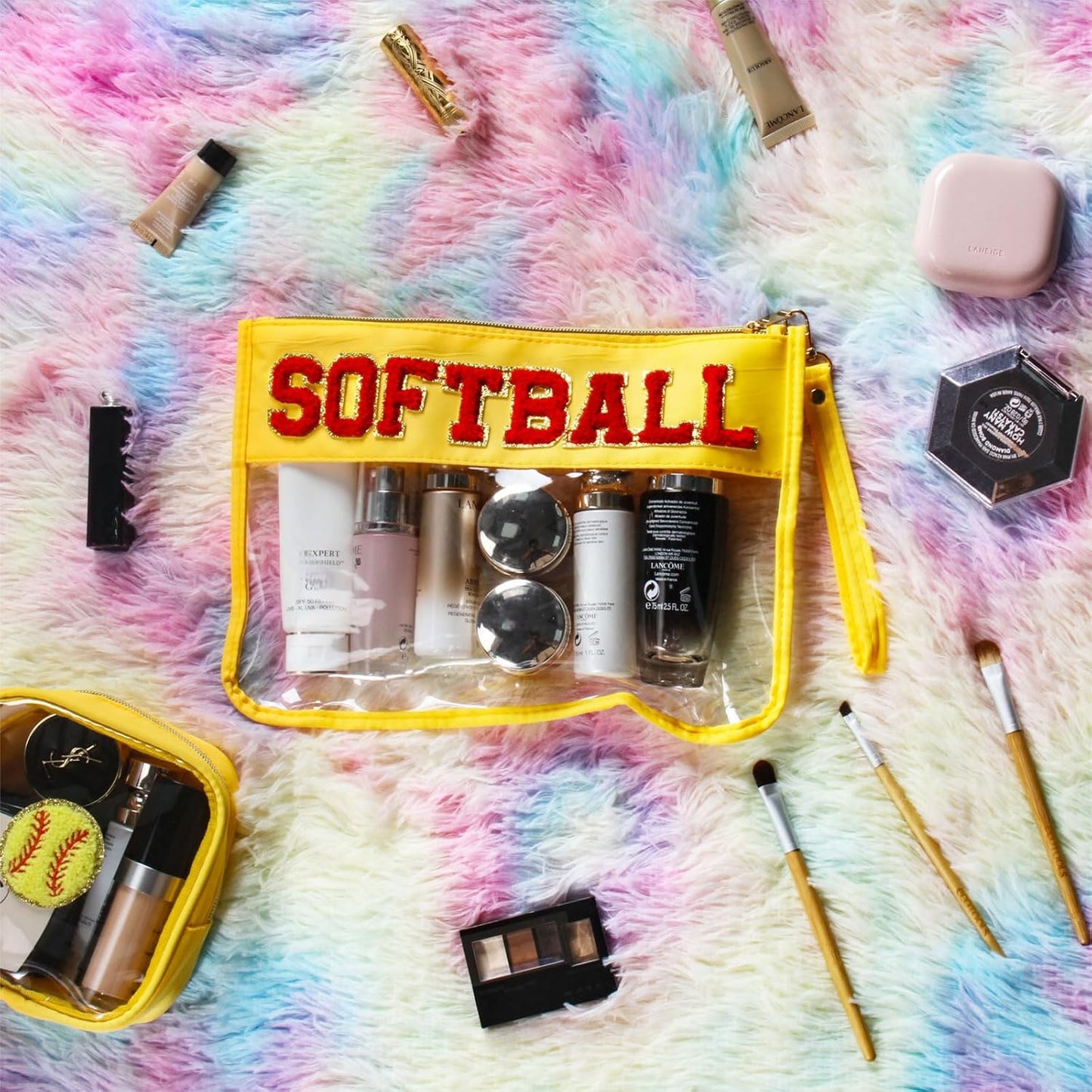Softball Gifts Makeup Bag - 2 Pcs Clear PVC Organizer Pouch | Waterproof Travel Toiletry Bag for Women