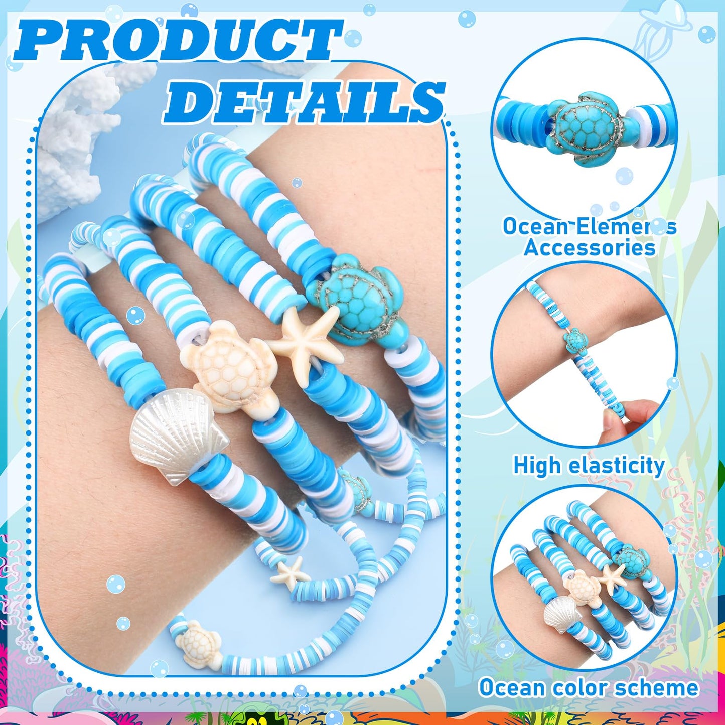 Huquary 24 Pcs Under the Sea Party Favors Ocean Polymer Clay Beaded Bracelets Bulk Shell Turtle Starfish Ankle Bracelets for Under the Sea Themed Birthday Summer Beach Party Supplies