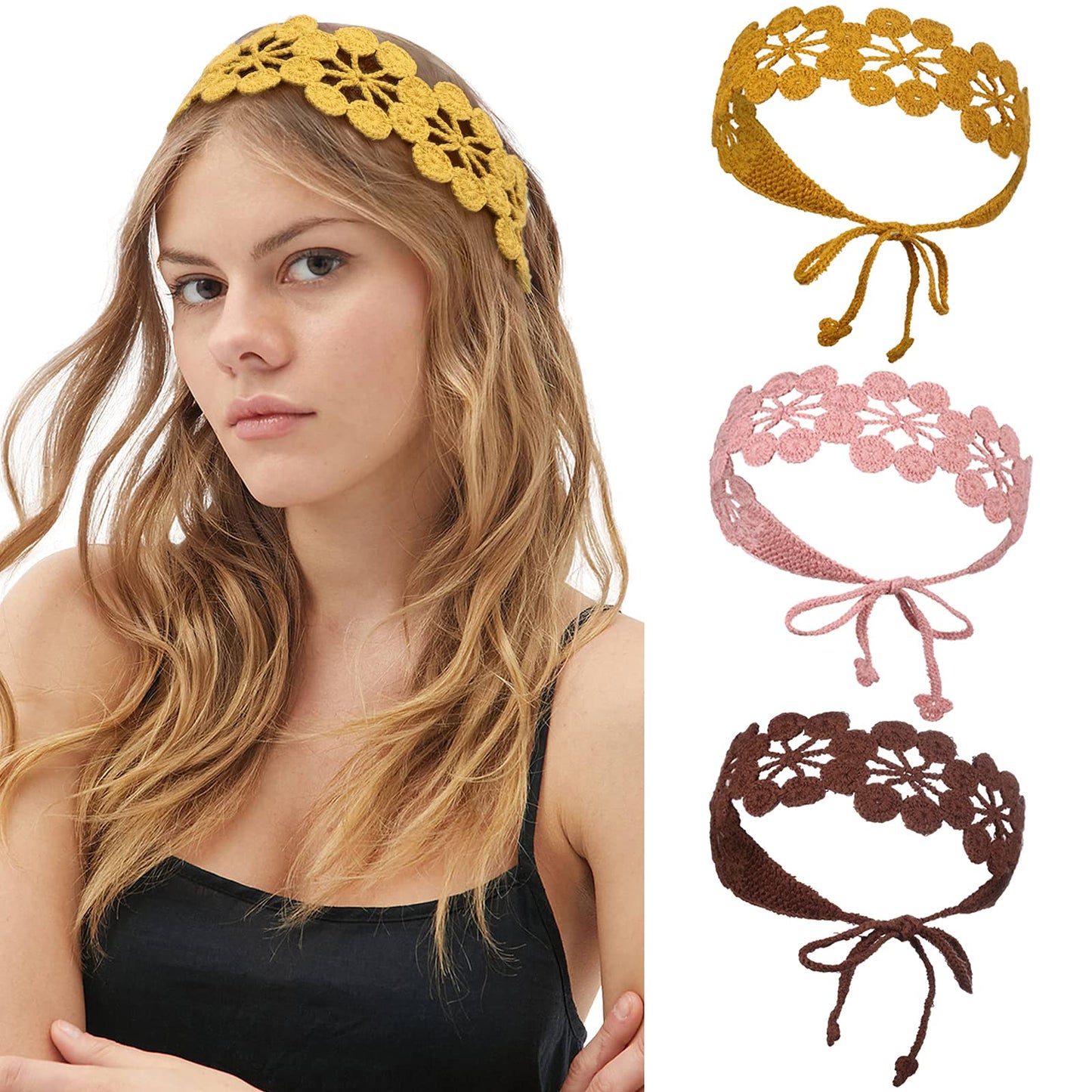 CHLINS Floral Daisy Handmade Bohemian Knit Head Wraps - 3PCS Elastic Headbands for Women and Girls