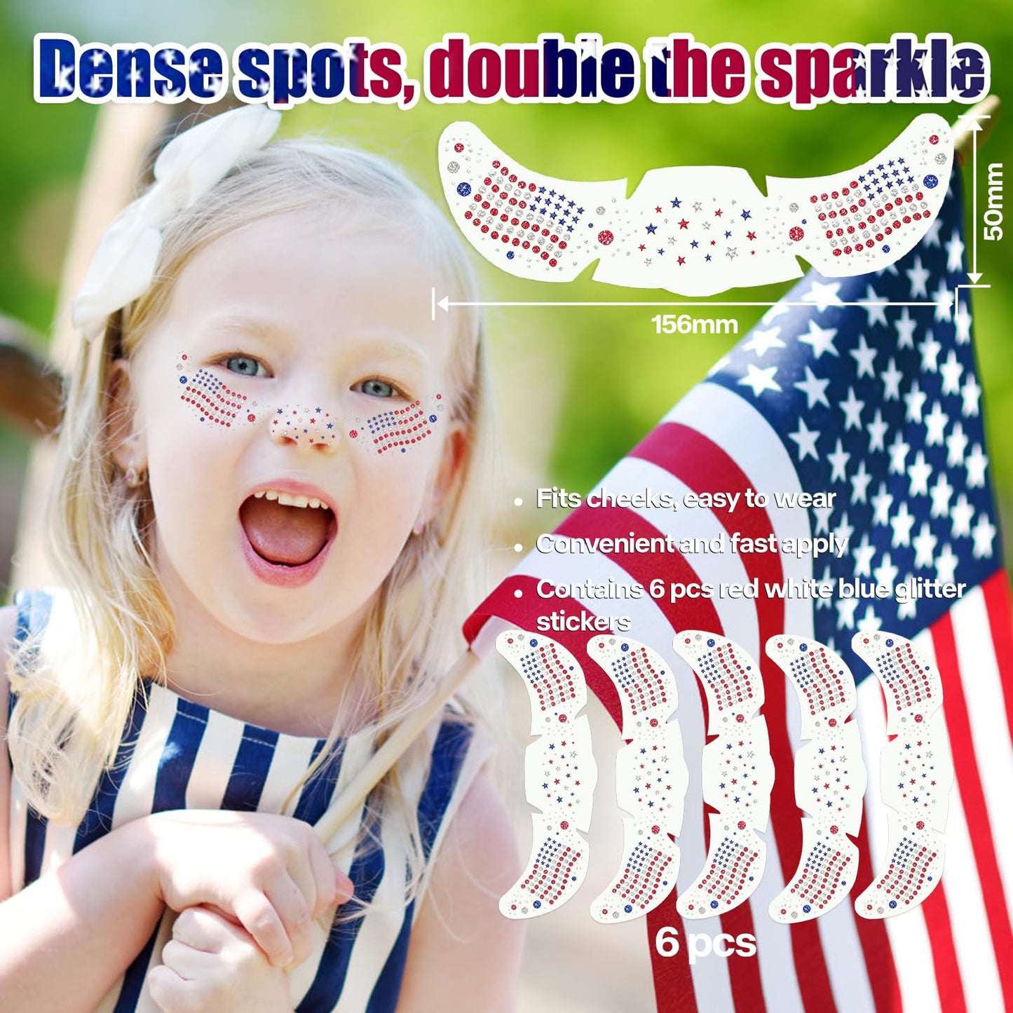 Go Ho Patriotic American Flag Glitter Freckles Face Tattoo 6PCS,USA Flag Face Body Tattoo Sparkle,4th of July Outfits and Accessories for Women Kids,Red White and Blue Face Stickers