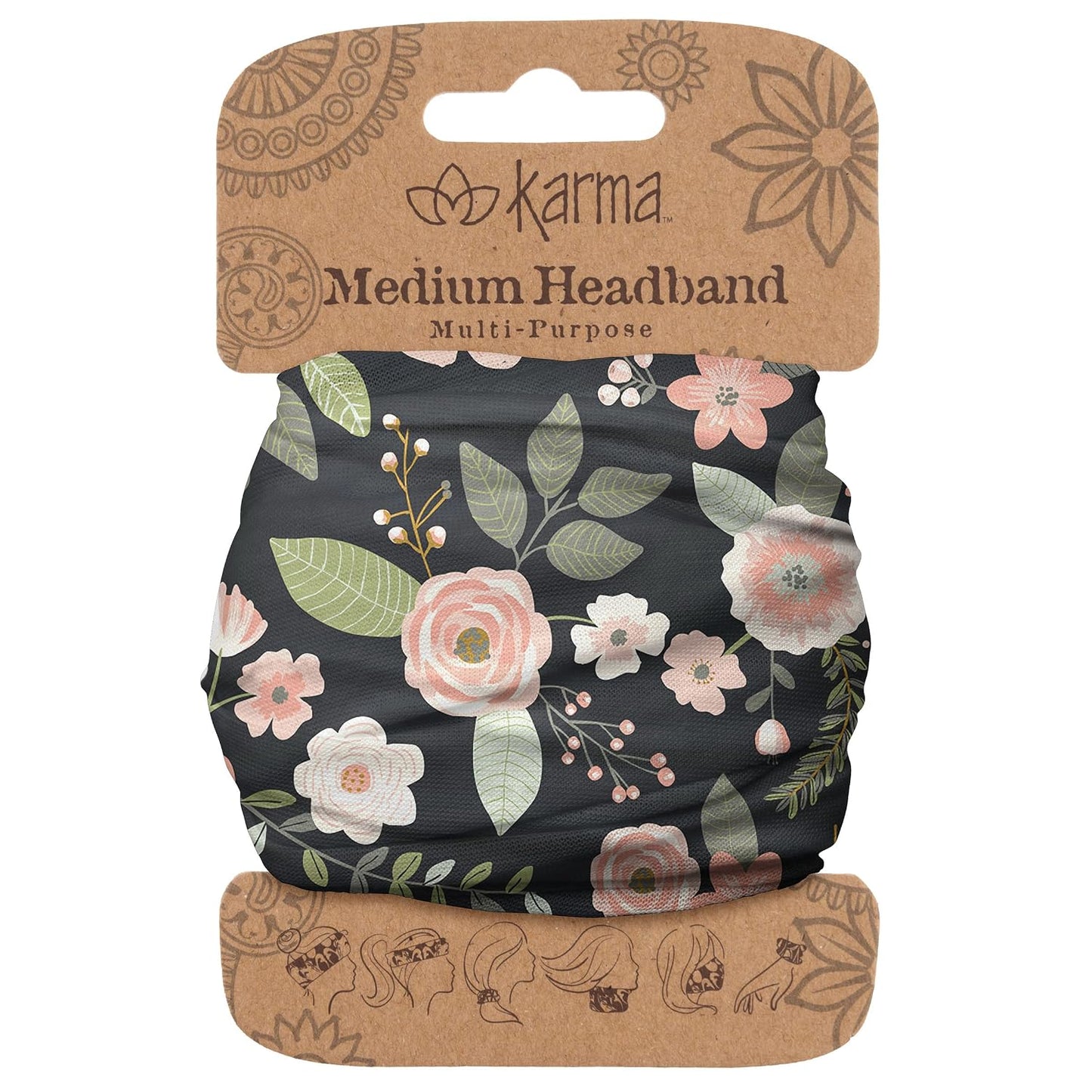 Floral Headband for Women | Stretchy Fabric Hair Scarf - Light Tan & Blue - Medium Size