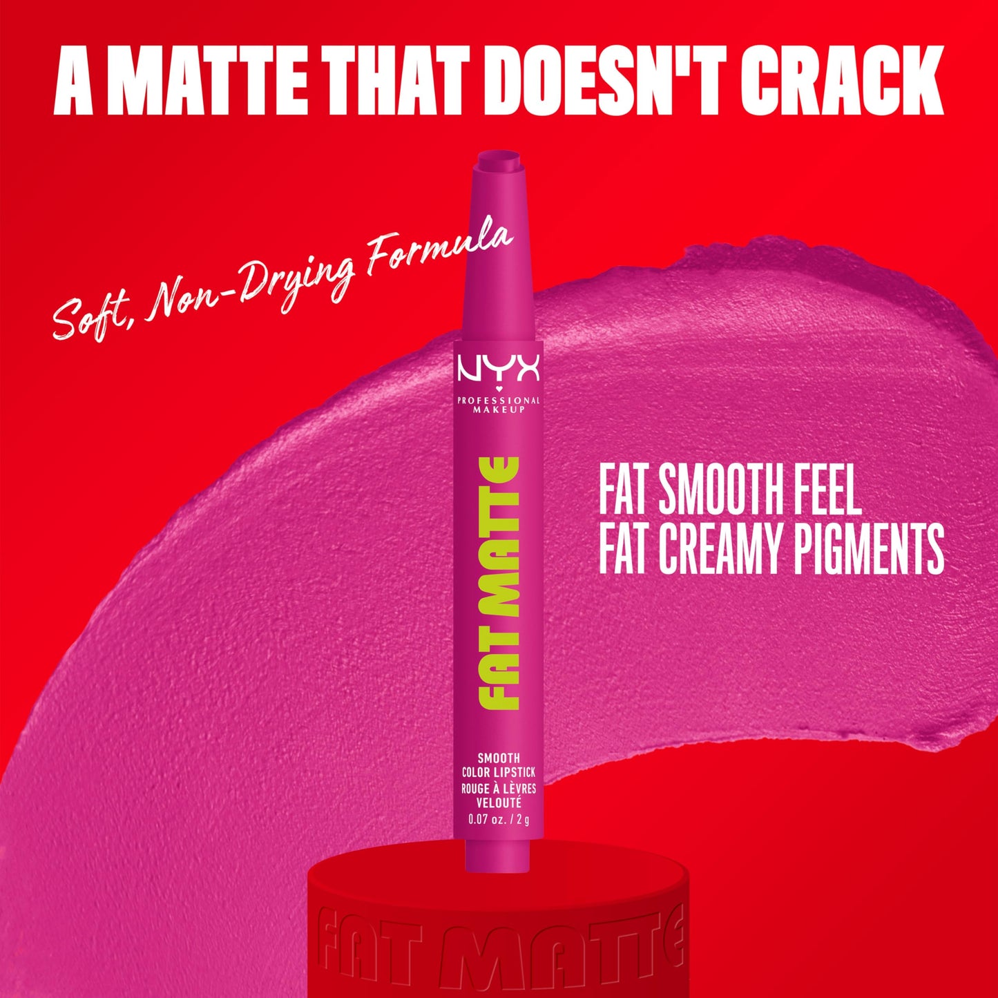 NYX PROFESSIONAL MAKEUP Fat Matte Lipstick, Pigmented, Smoothing, & Non-Drying Lip Crayon, Long Lasting Lip Makeup, Vegan & Cruelty Free - Fluffy Fuchsia (Fuchsia)