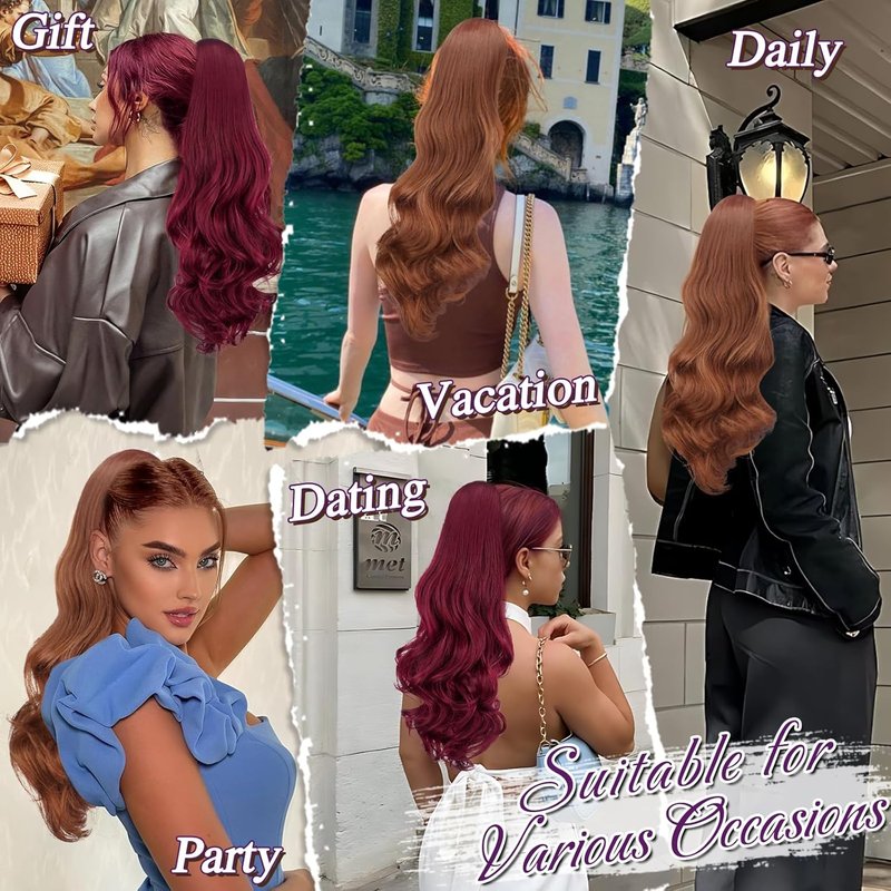 Copper Ponytail Hair Extensions - 20 Inch Wavy Claw Clip for Women | Synthetic Copper Red Hairpiece