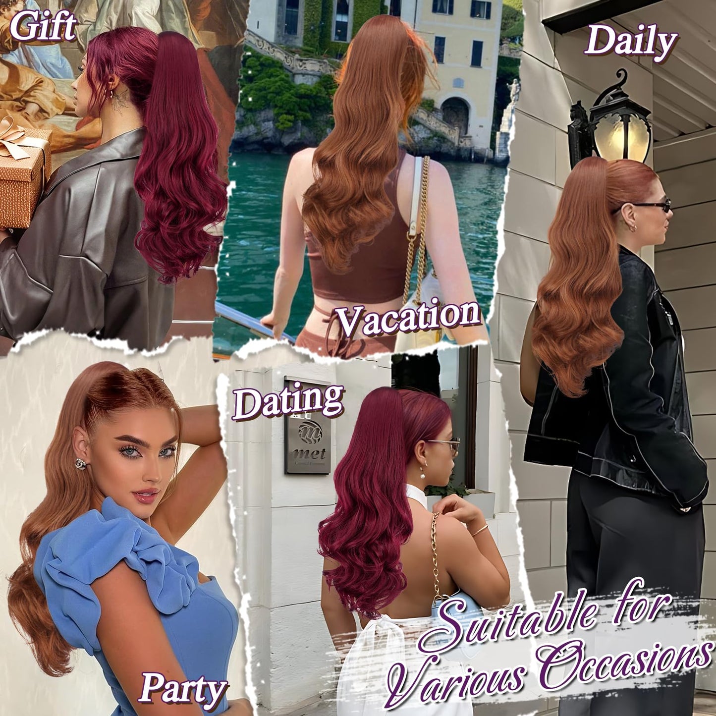 BARSDAR Burgundy Red Wavy Drawstring Ponytail Extensions – 20 Inch Synthetic Drawstring Comb Clip in Ponytail Hair Extensions for Women, Natural Looking Curly Wavy Red Pony Tails Hairpieces