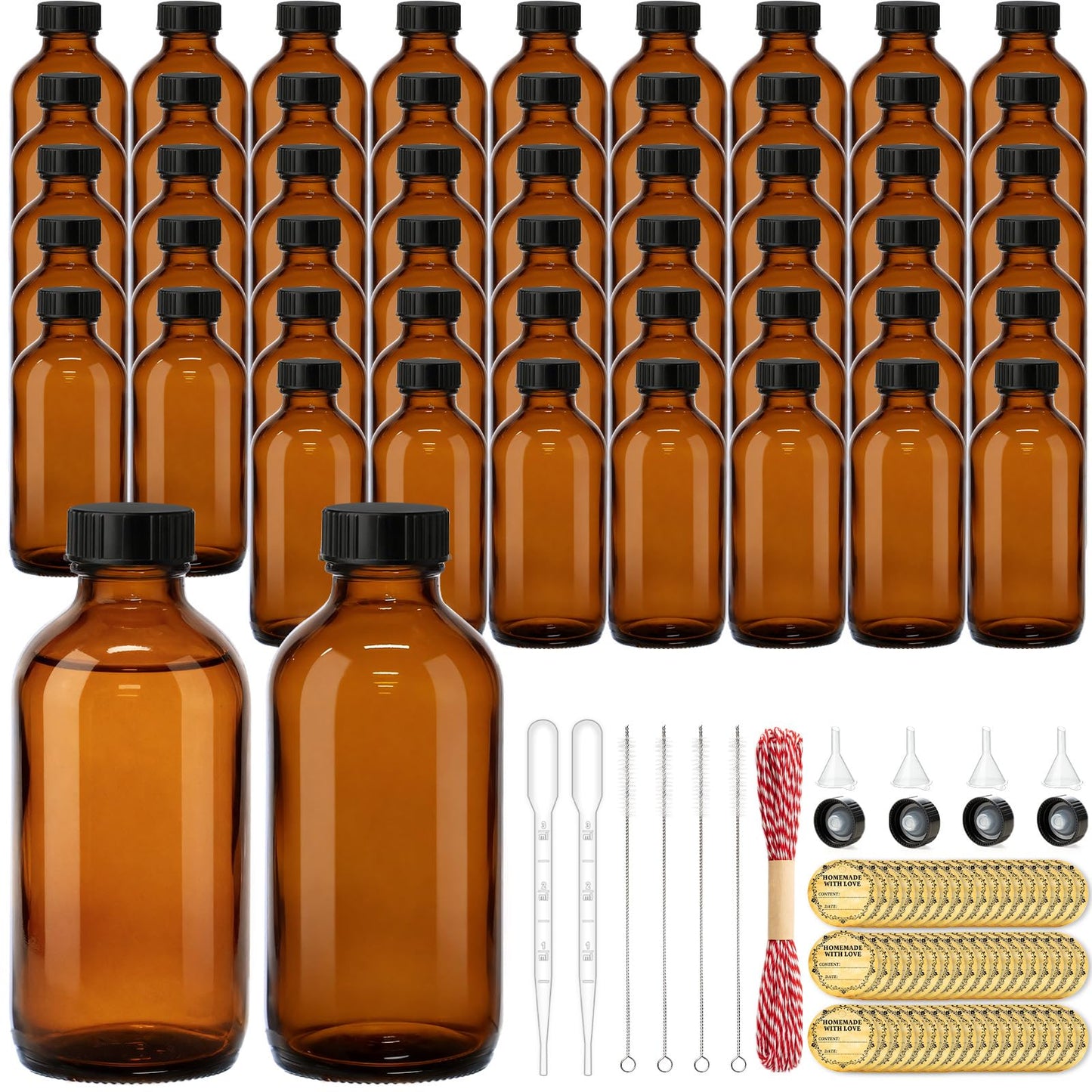 TBWIND 54 Pack 4oz Amber Glass Boston Round Bottles with Airtight Polycone Caps, Refillable Glass Bottles for Vanilla Extract, Homemade Liquids, Syrups, Oils & DIY Craft Brewing
