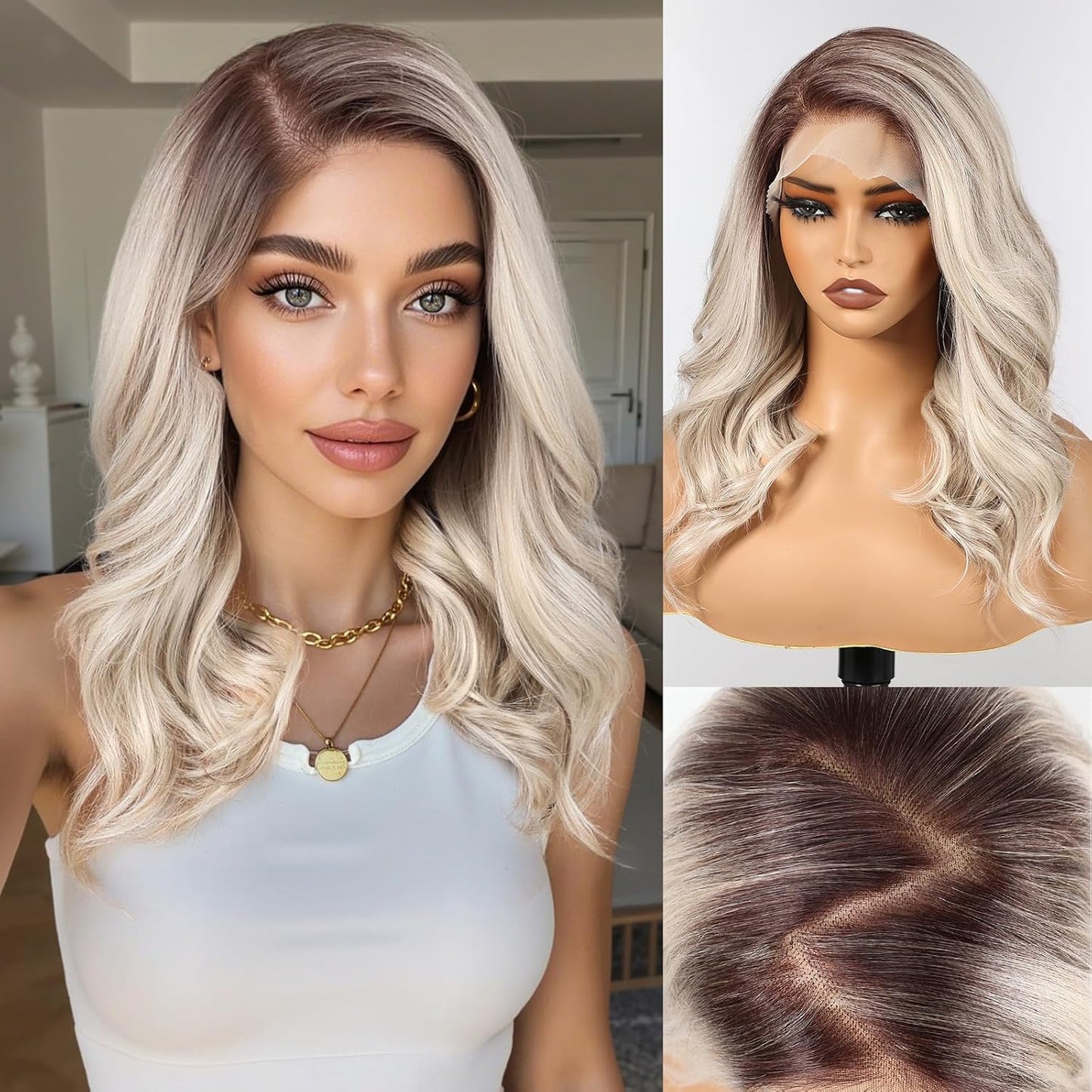 HAIRCUBE 13x6 HD Synthetic Lace Front Wig - 16 Inch Ombre Ash Blonde Curly Hair with Adjustable Cap & Natural Density Hairline