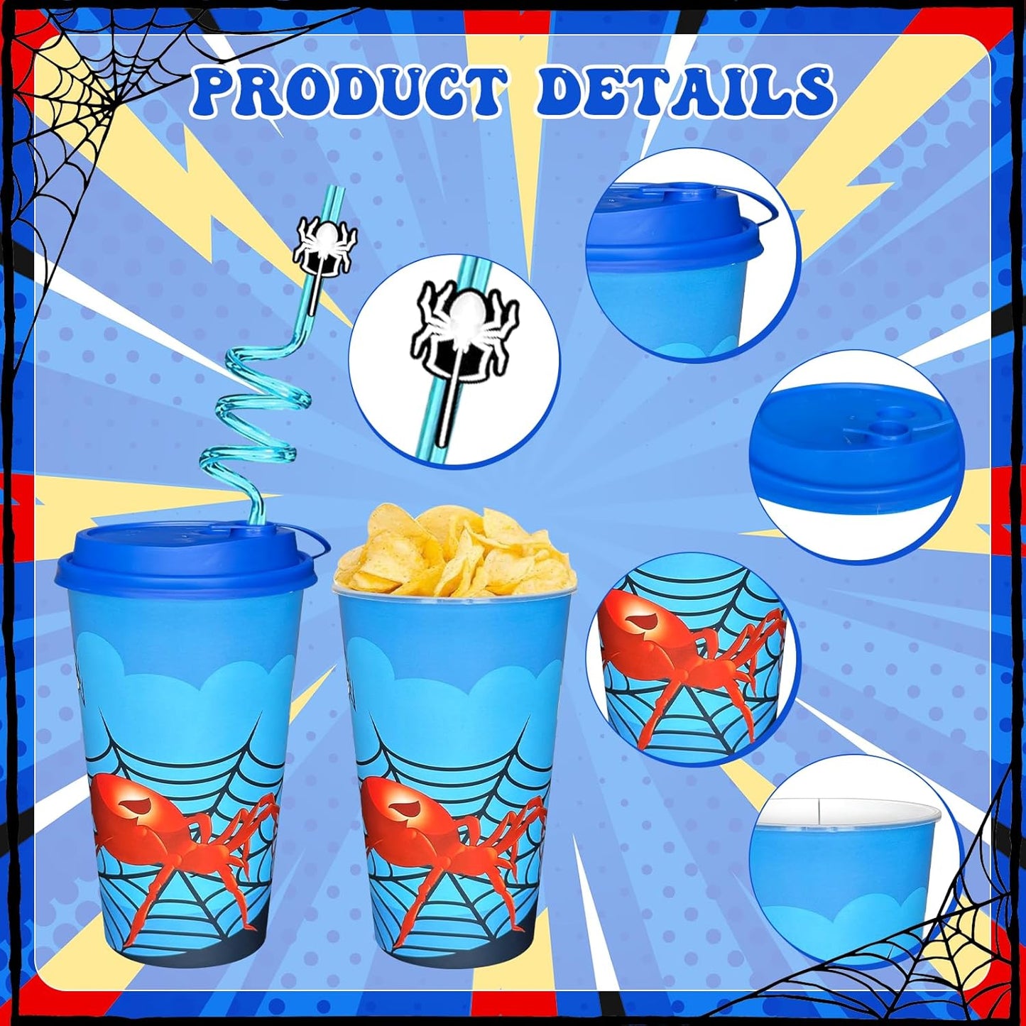 Spider Party Favors - 72 Pcs Birthday Supplies with Goodie Bags, Straws, Cups & Sticky Webs | Fun for Kids' Parties