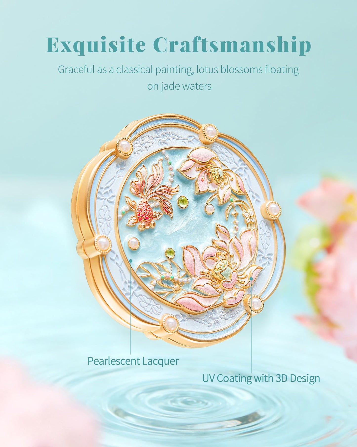 Imperblooms Lotus Bloom Compact Mirror, Small 2X Magnifying Makeup Mirror for Purse Pocket, Mini Portable Folding Blue Mirror, Chinese Style Gift for Women Girls