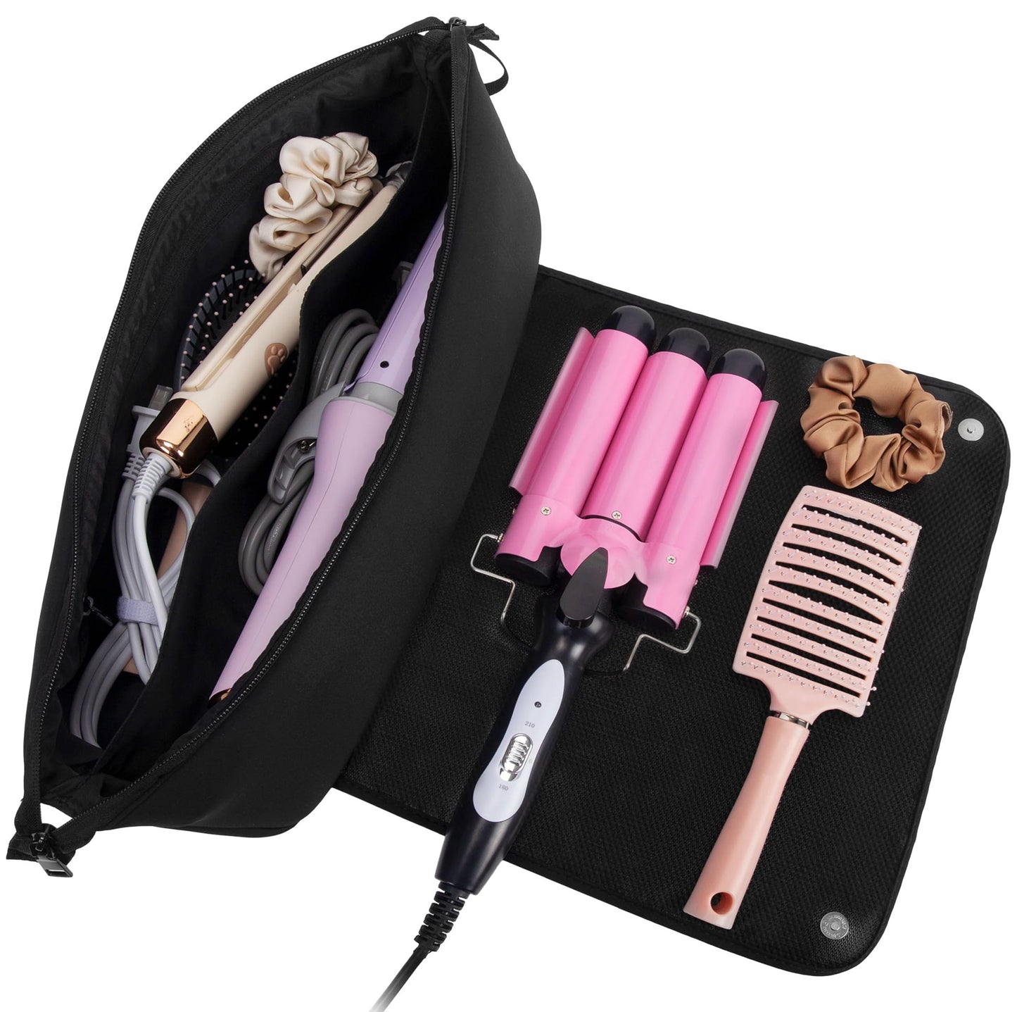 Aerotrunk Hair Tools Organizer - Hot Hair Tools Travel Bag with Heat Resistant Mat, Large Capacity Pouch for Flat Irons, Curling Wands, Hair Dryers - Black