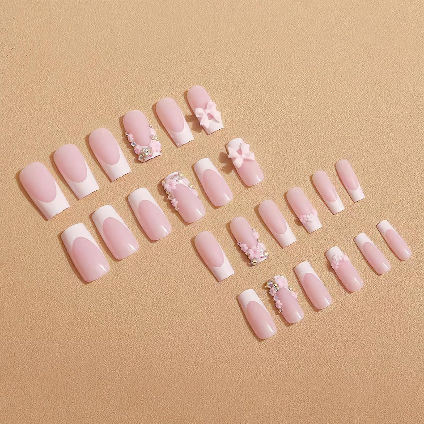 French Tip Press-On Nails - Medium Square Acrylic Nails with 3D Bow & Flower Charms | Glossy Nude Color, 24 Pcs
