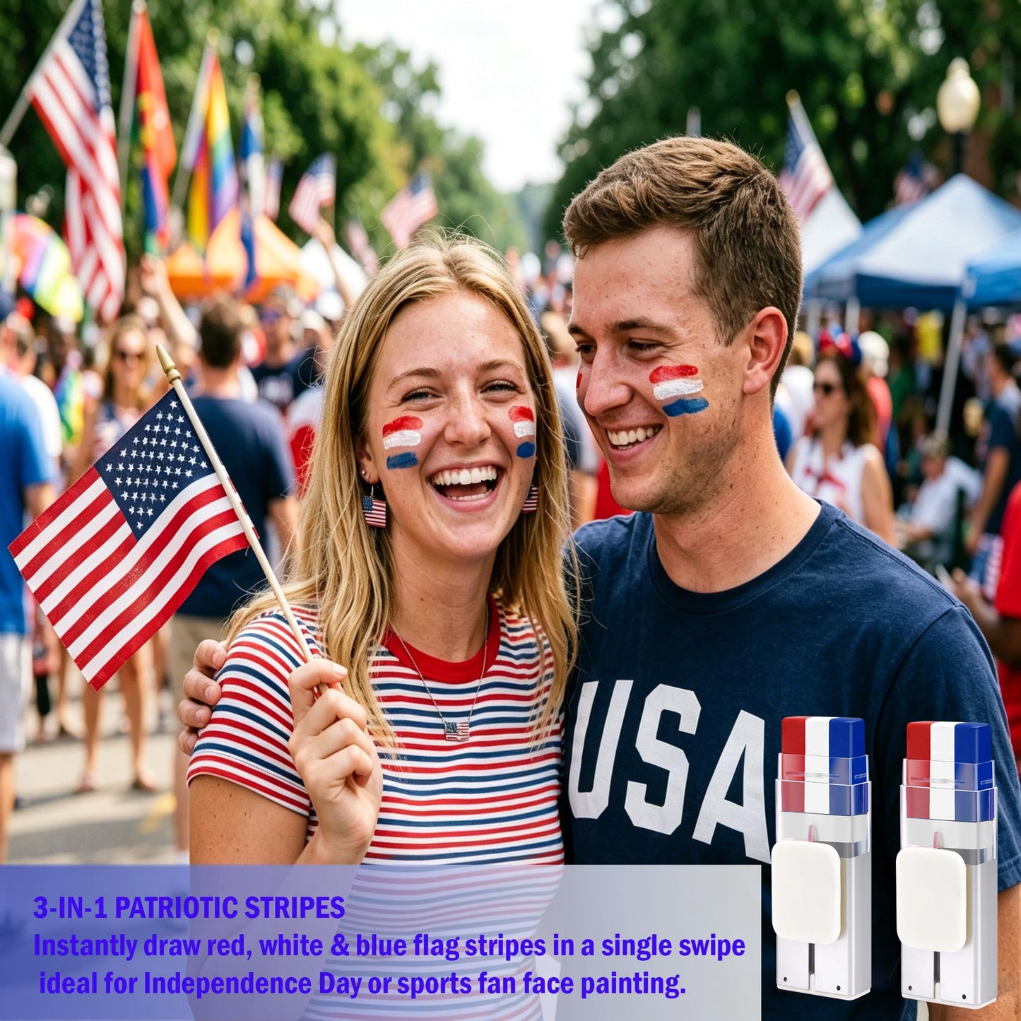 2PCS Red White and Blue Face Paint, Sweatproof & Long-Lasting Fourth of July Accessories for Women, Eye-Black Stick Baseball Softball Sports Makeup, 4th of July USA Accessories for Independence Day
