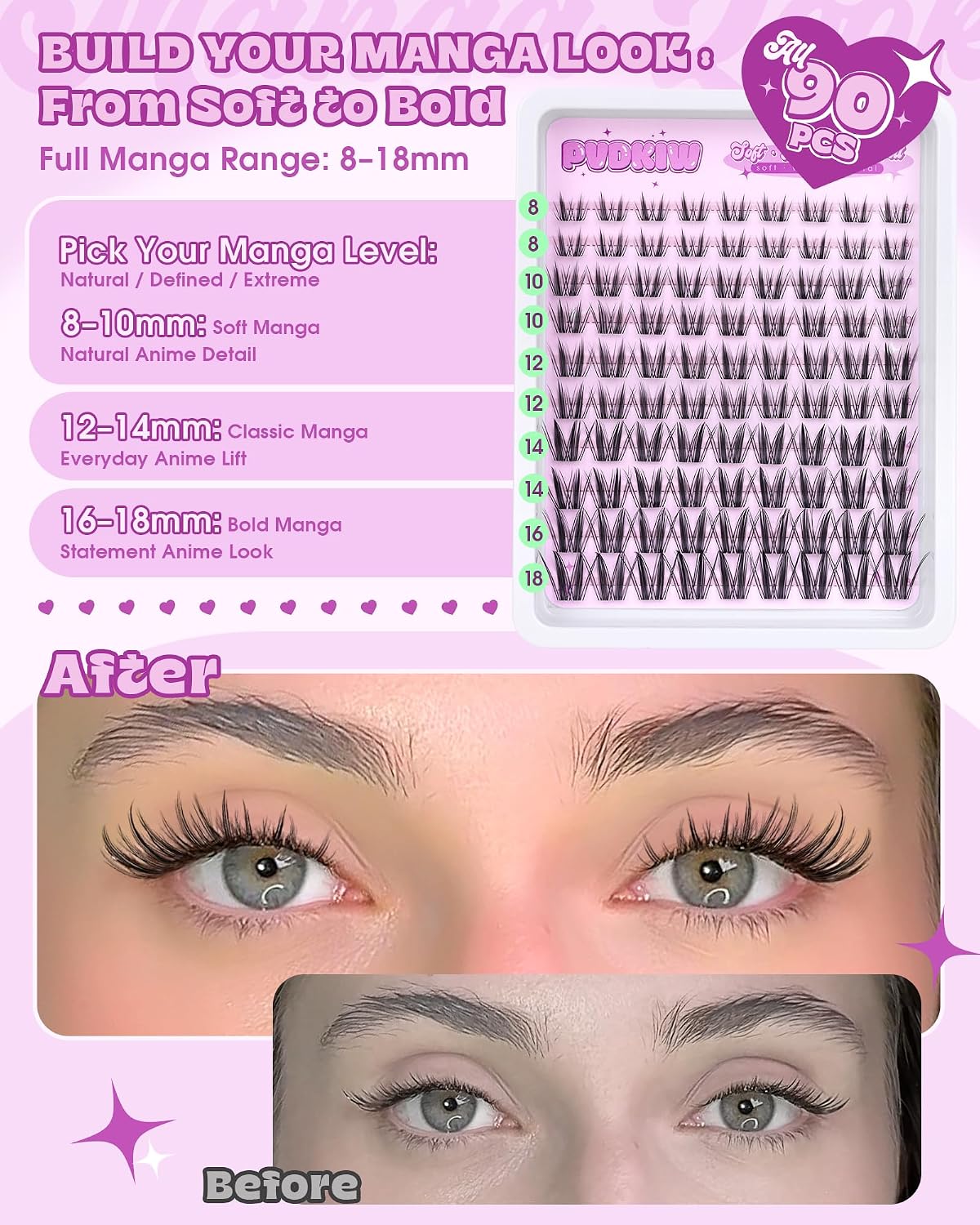 Bunny Lash Clusters - C Curl Anime Eyelash Extensions | 8-18MM Natural Fairy Lashes with Invisible Clear Band