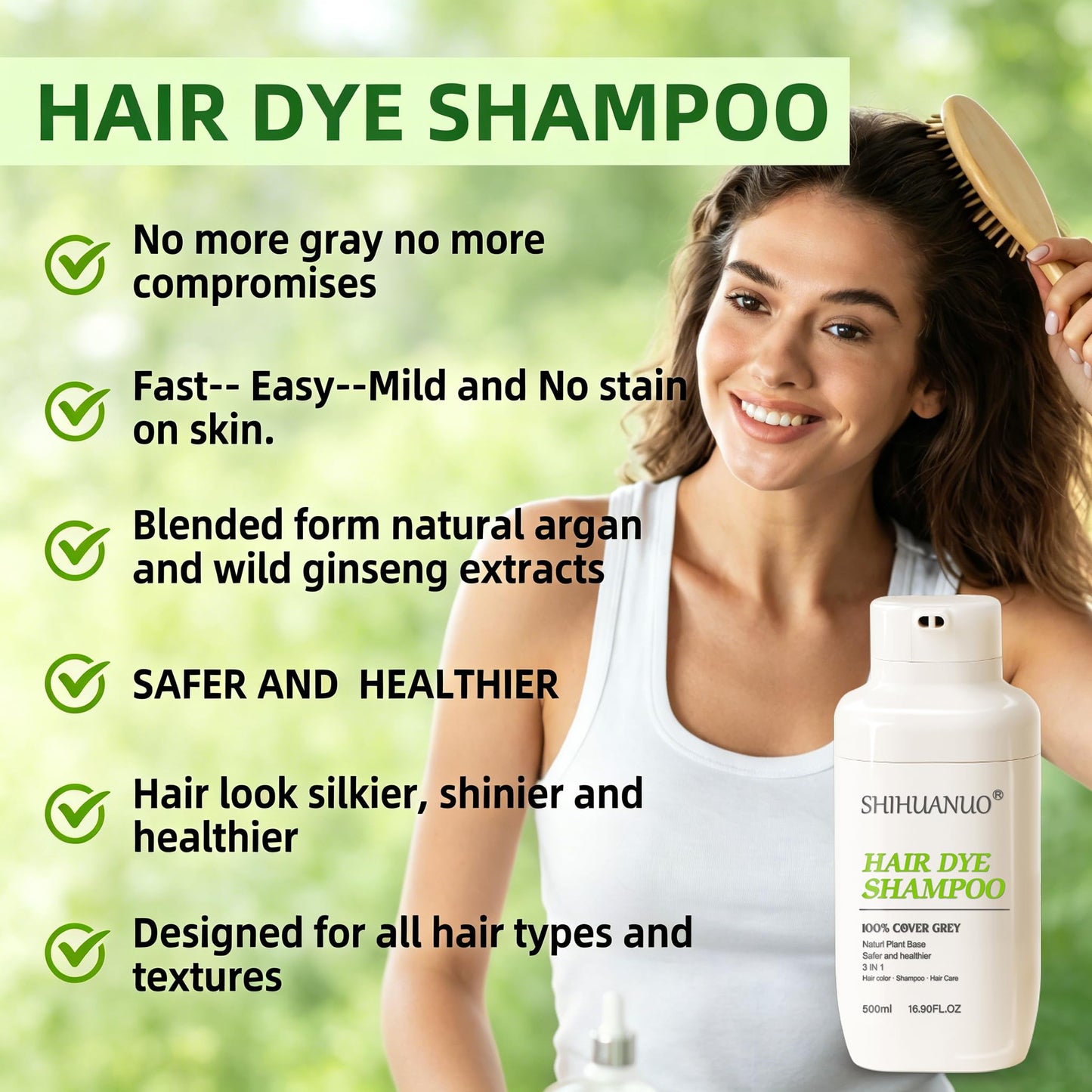 SHIHUANUO Hair Dye Shampoo for Gray Hair, 3-in-1 Color Shampoo with 6 Herbal Extracts, 100% Grey Coverage Easy to dye, Non-irritating,Hair Color shampoo for Women & Men/ 500ml(Dark Brown)