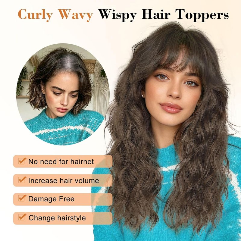 Hair Toppers for Women - 360° Hand-Knitted Lightweight Clip-In Wavy Wiglets with Bangs | 20 Inch, Medium Brown