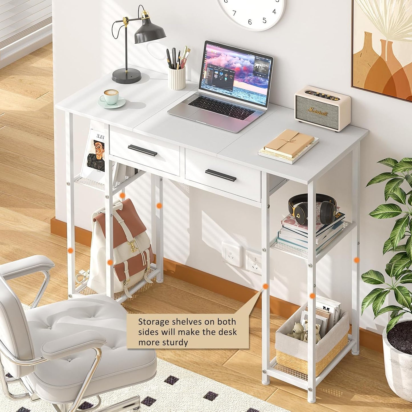 White Computer Desk with Drawers - 37.3 Inch Home Office Workstation | Compact Study Table for Small Spaces