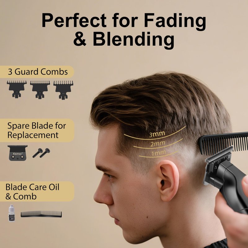 KEMEI PG2299 Hair Trimmer for Men, Zero Gapped T-Blade Clippers for Edging & Lining, Cordless Barber Liners with Extra Replacement Blade, USB Rechargeable Grooming Kit for Beard & Dry Shaving (Black)