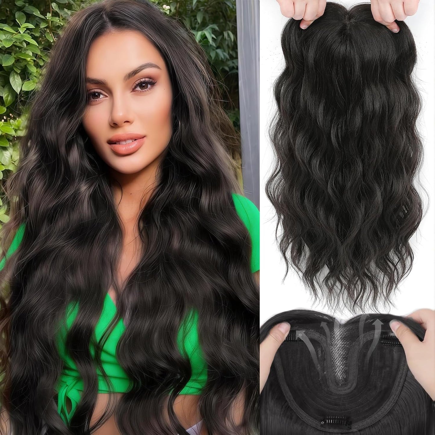 16 Inch Hair Topper for Thinning Hair - Synthetic Curly Clip-In with Wispy Bangs | Lightweight Black Crown Coverage