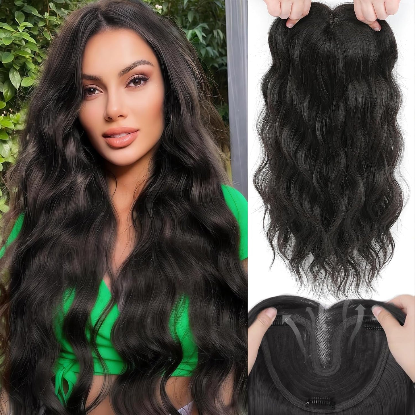Hair Topper for Women - 16 Inch Synthetic Curly Wavy Clip-In with Curtain Bangs | Auburn Brown Volume Boost