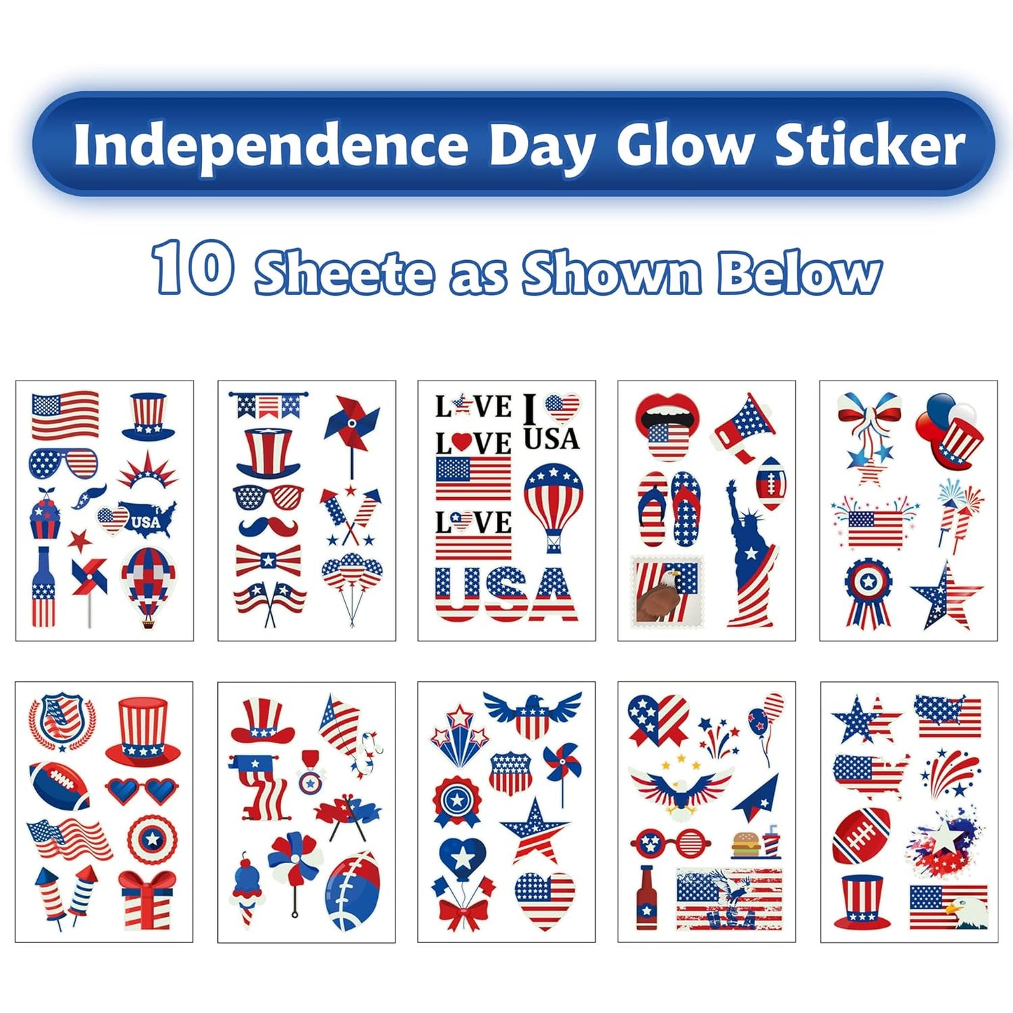 Fourth of July Temporary Tattoos - 70PCS Red, White & Blue Glow in The Dark Party Supplies | Patriotic Decorations