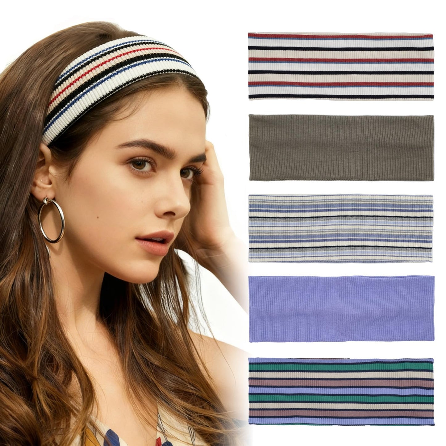 Aranya Classic Striped Headbands for Women 5pcs – Minimalist Soft Stretchy Fabric Athletic Hair Accessories for Yoga, Workout & Active Life (Striped Collection)