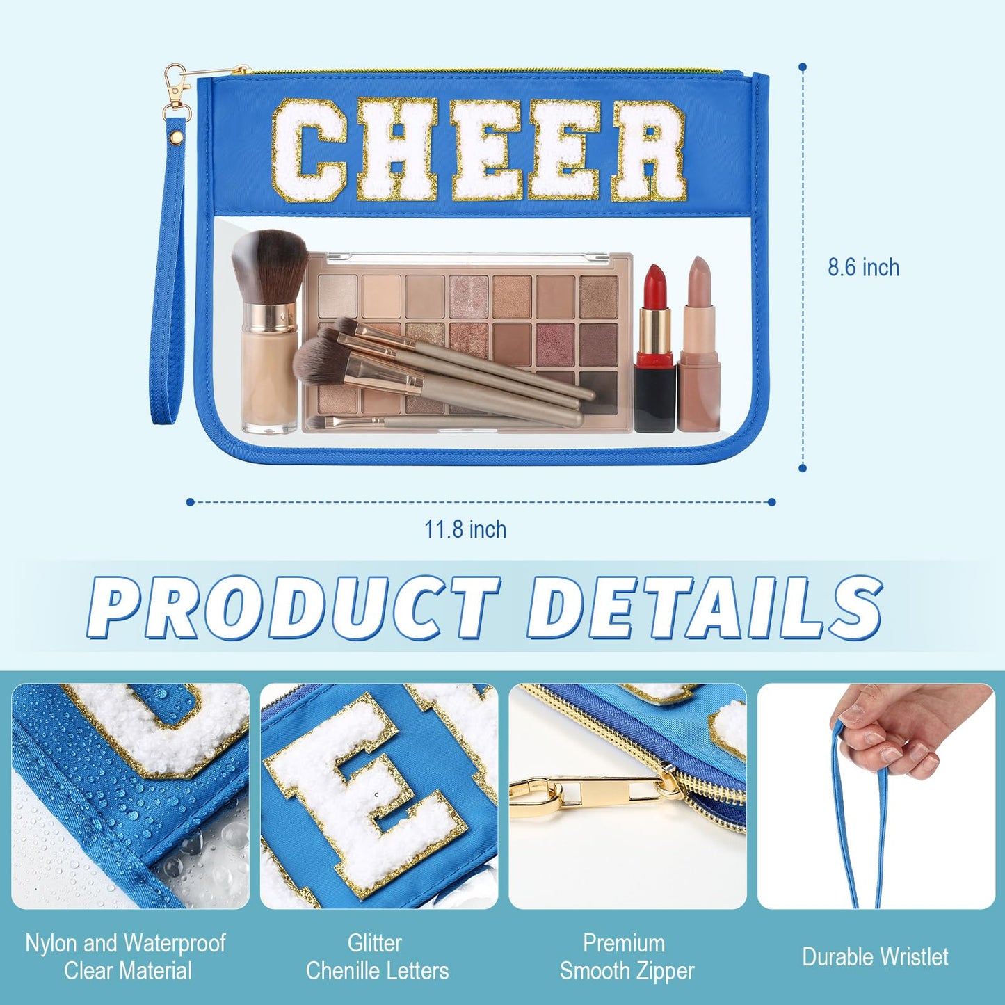 Kacctyen 6 Pcs Cheer Bags Chenille Letter Clear Dark Blue Makeup Bag with Zipper Waterproof Cosmetic Toiletry Pouch with Handle Gym Travel Summer Gifts for Women Girls(Dark Blue, Cheer)