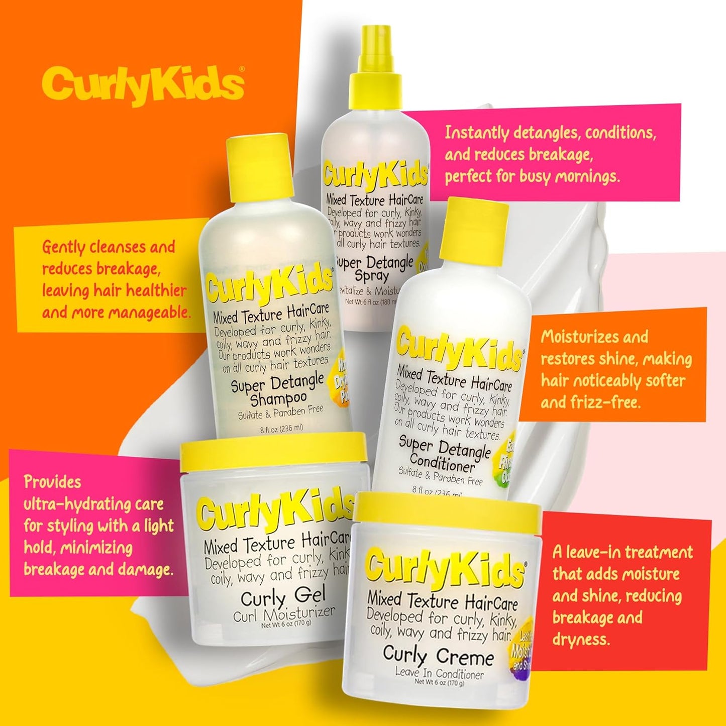CurlyKids Detangle Spray Bundle - Kids Shampoo, Conditioner & Gel for Curly Hair | Sulfate & Paraben-Free