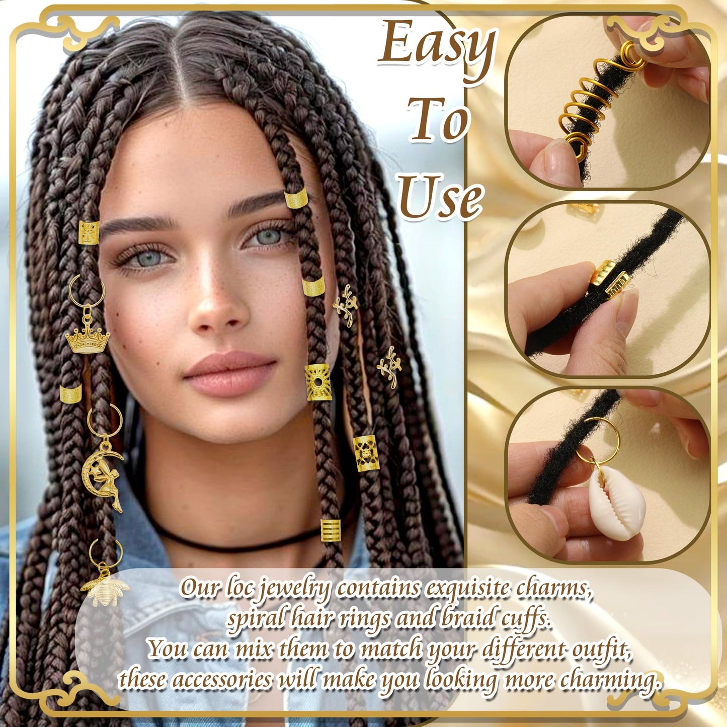 VENOFEN 274PCS Gold Hair Jewelry Shell Braids Clips Multi-Styles Loc Dreadlock Pearl Hair Charms Pendants Decor Braids Clips Accessories for Women Girls