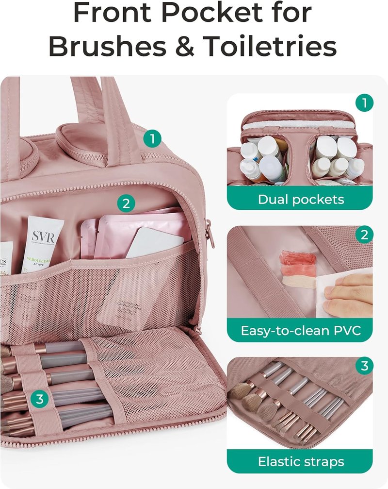Travel Toiletry Bag - Lightweight Wide-Open Makeup Organizer for Women | Dark Pink