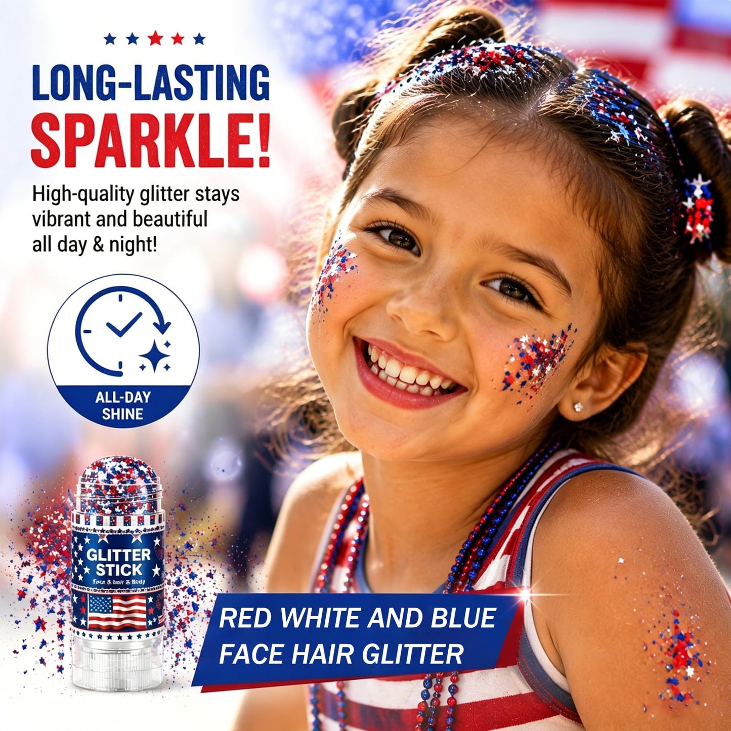 4th of July Glitter Stick for Hair, Face & Body, Red White Blue Glitter with Star Sequins, Patriotic Makeup for Women, America 250 Celebration Accessories, Independence Day Party Supplies