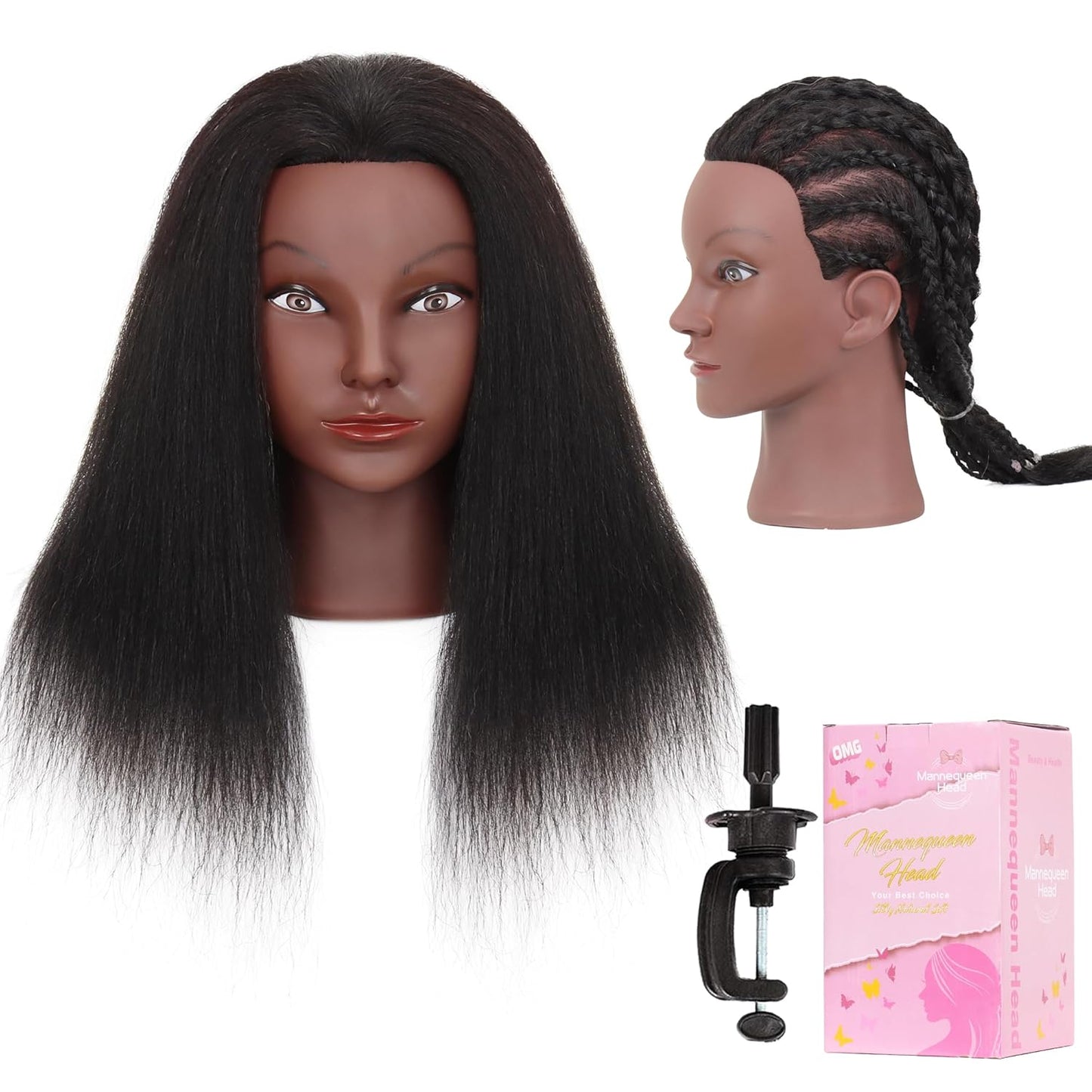 Mannequin Head with Human Hair - 14" Cosmetology Manikin for Hair Styling & Braiding Practice | Includes Clamp Holder